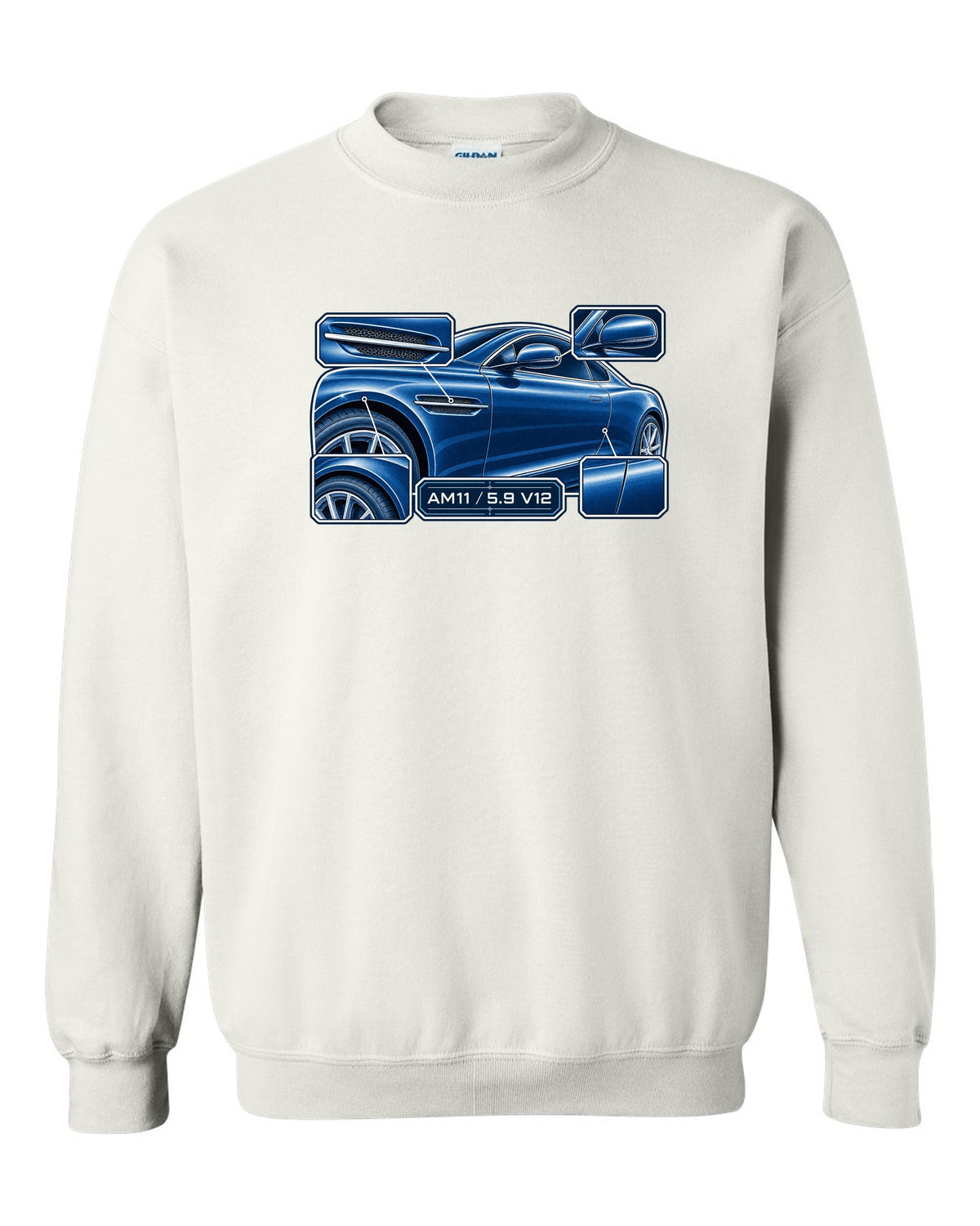Aston Martin DB9 cyanotype blueprint with AM11 5.9 V12 lettering white crewneck front view with the design