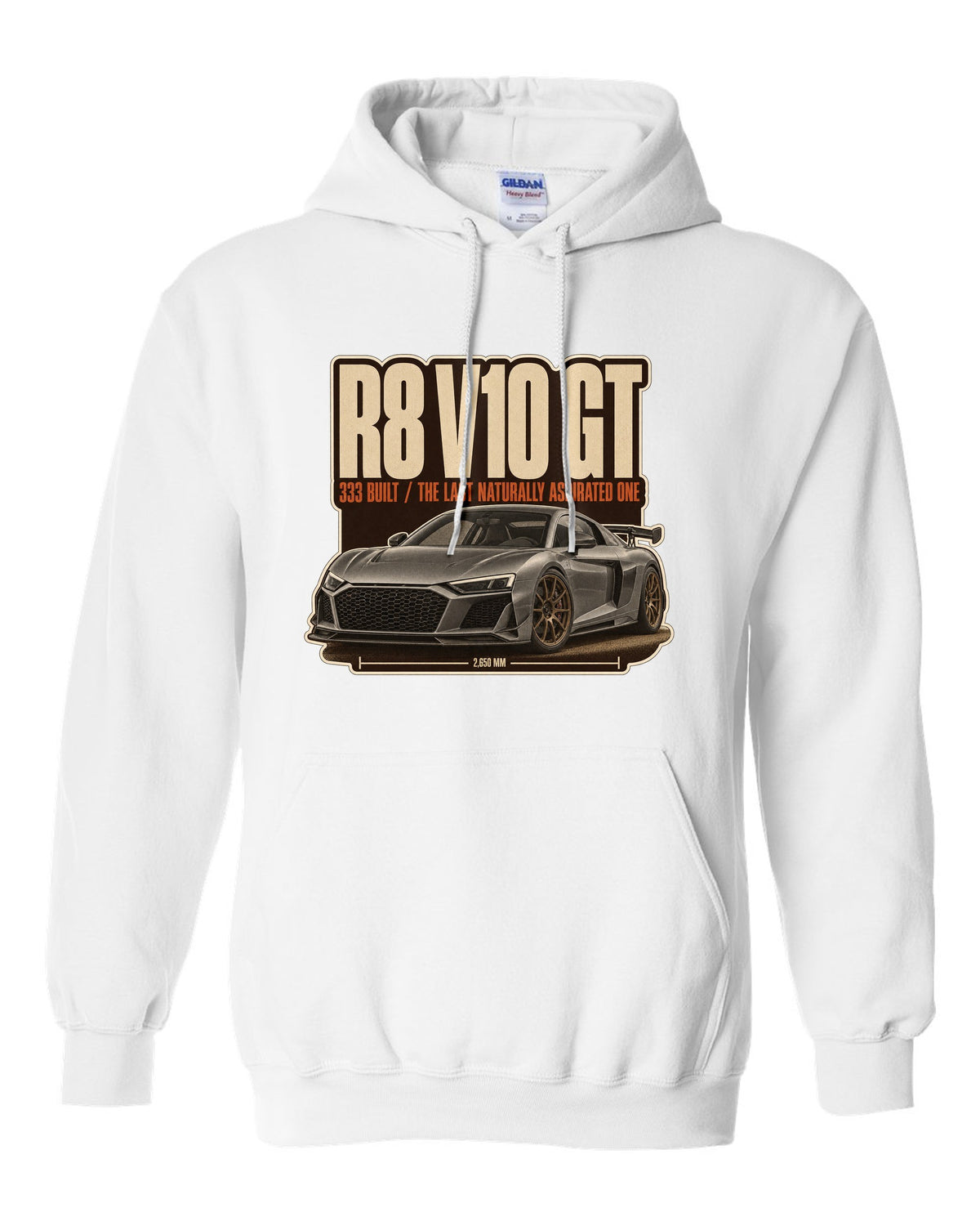 Audi R8 V10 GT RWD final edition editorial headline print design white pull over hoodie front view with the design