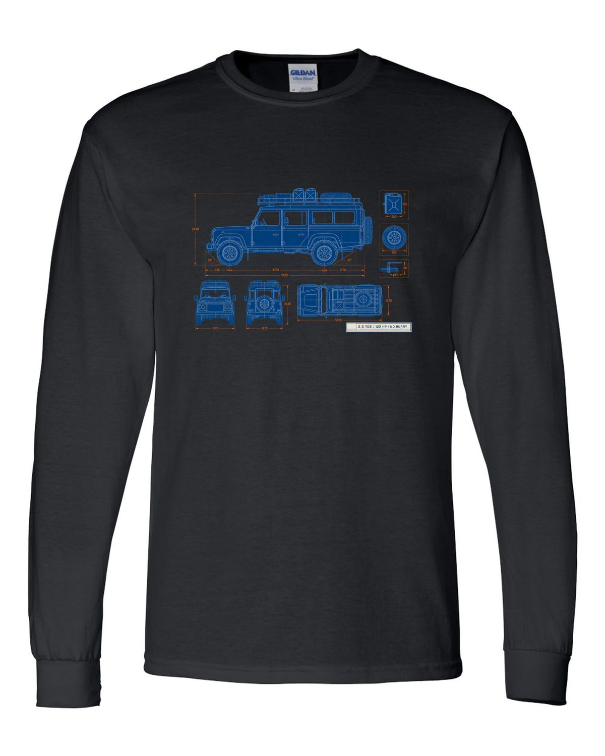 Blueprint line drawing print of a Land Rover Defender 110 Td5 with roof rack and 2.5 TD5 text black long sleeve front view with the design