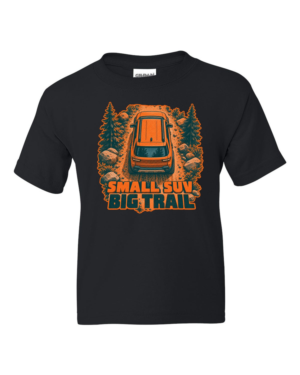 Rivian R2 overhead risograph duotone print with the text small SUV big trail black kids tee front view with the design