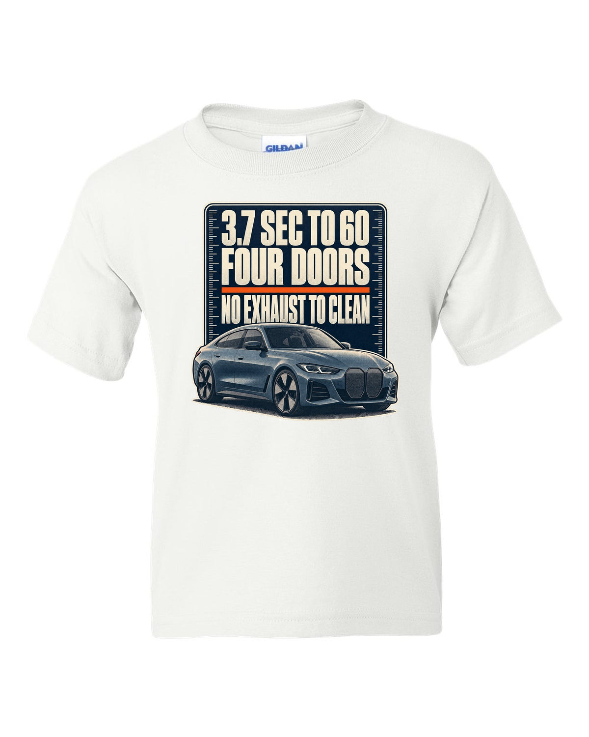 Halftone print of the BMW i4 M50 G26 with 3.7 second 0-60 time white kids tee front view with the design