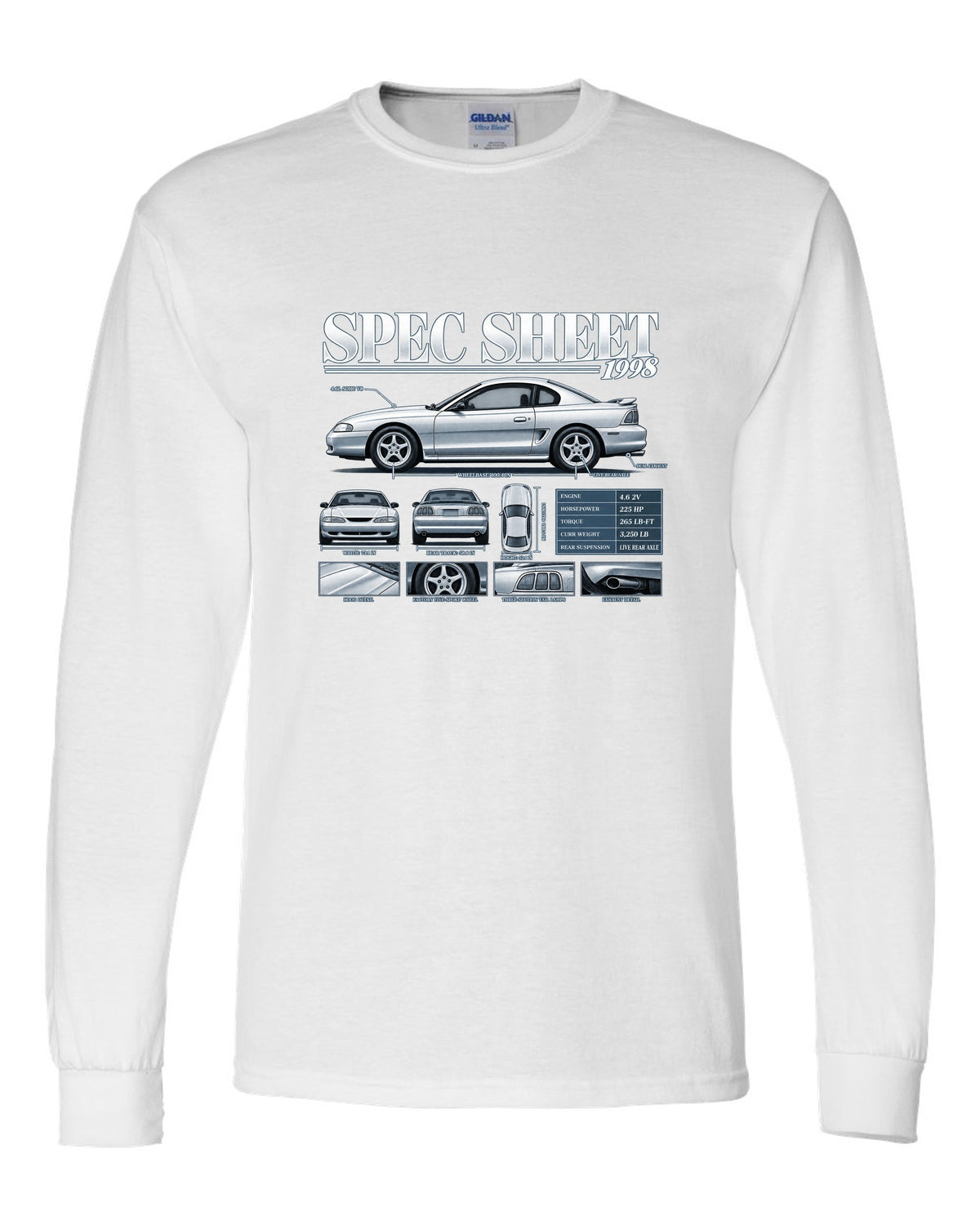 Spec sheet poster print of a 1998 SN95 Ford Mustang GT coupe white long sleeve front view with the design