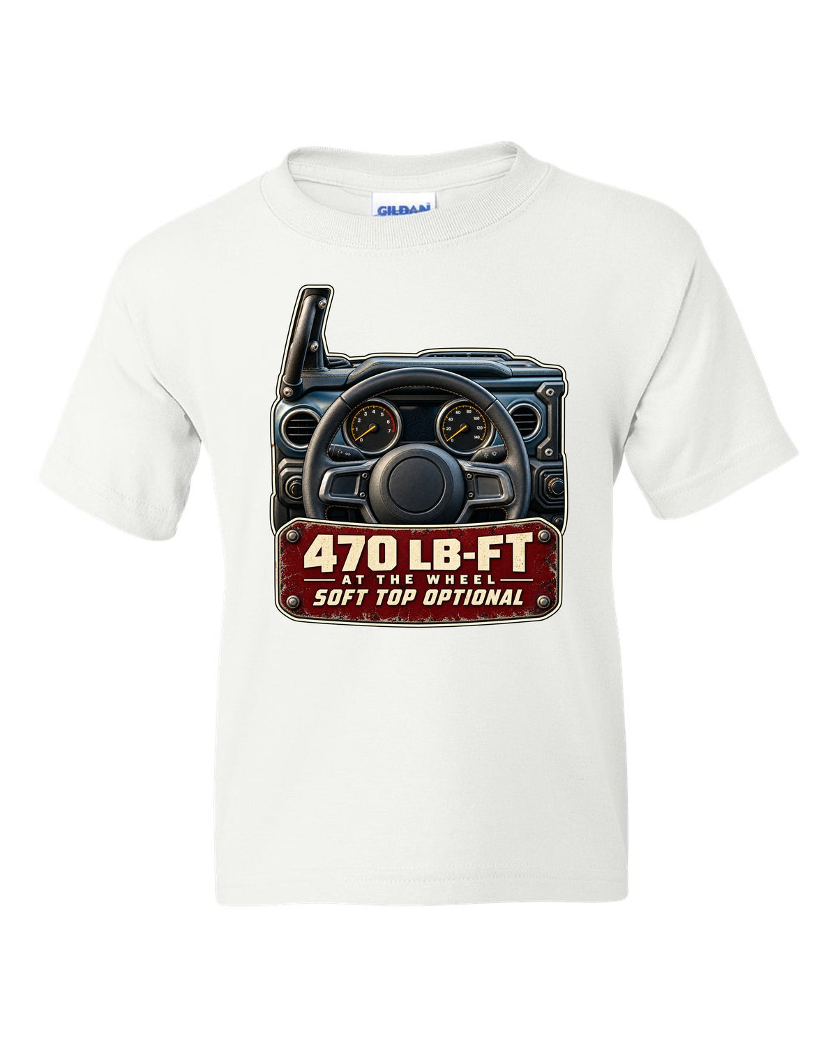 Gauge cluster print for the Jeep Wrangler Rubicon 392 with torque callout white kids tee front view with the design