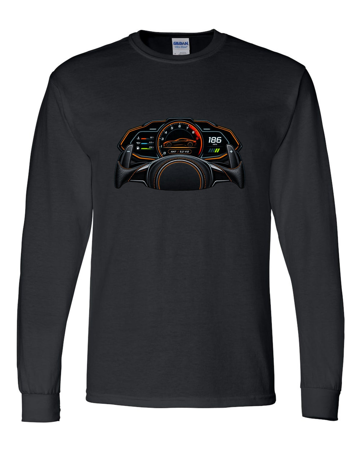 Gauge cluster and HUD style print for the 2018 Aston Martin DBS Superleggera with AM7 and 5.2 V12 readout black long sleeve front view with the design