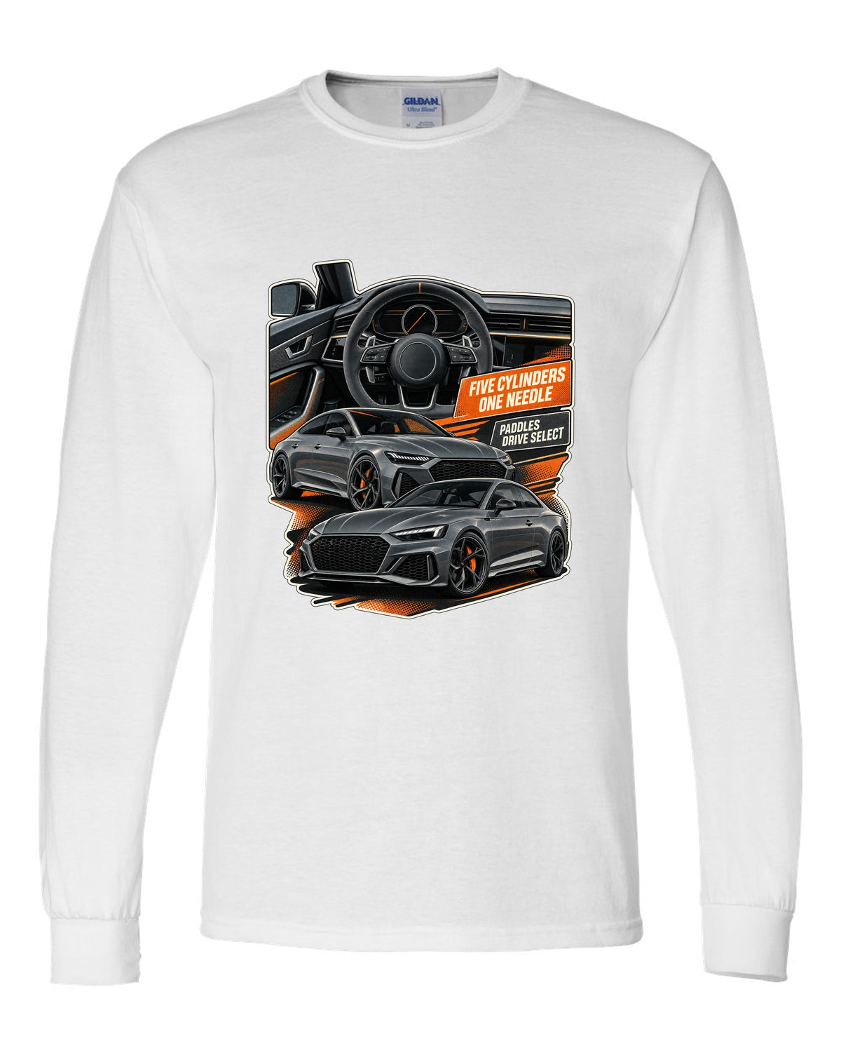 Interior and gauge cluster print of an Audi RS3 8Y white long sleeve front view with the design