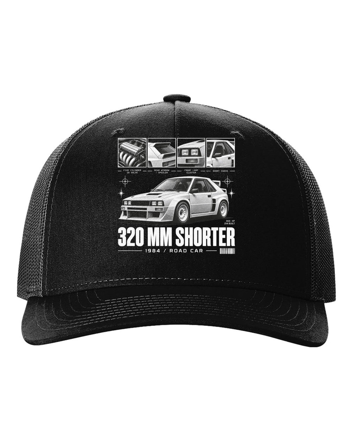Audi Sport Quattro SWB 1984 Dossier black hat front view with the design