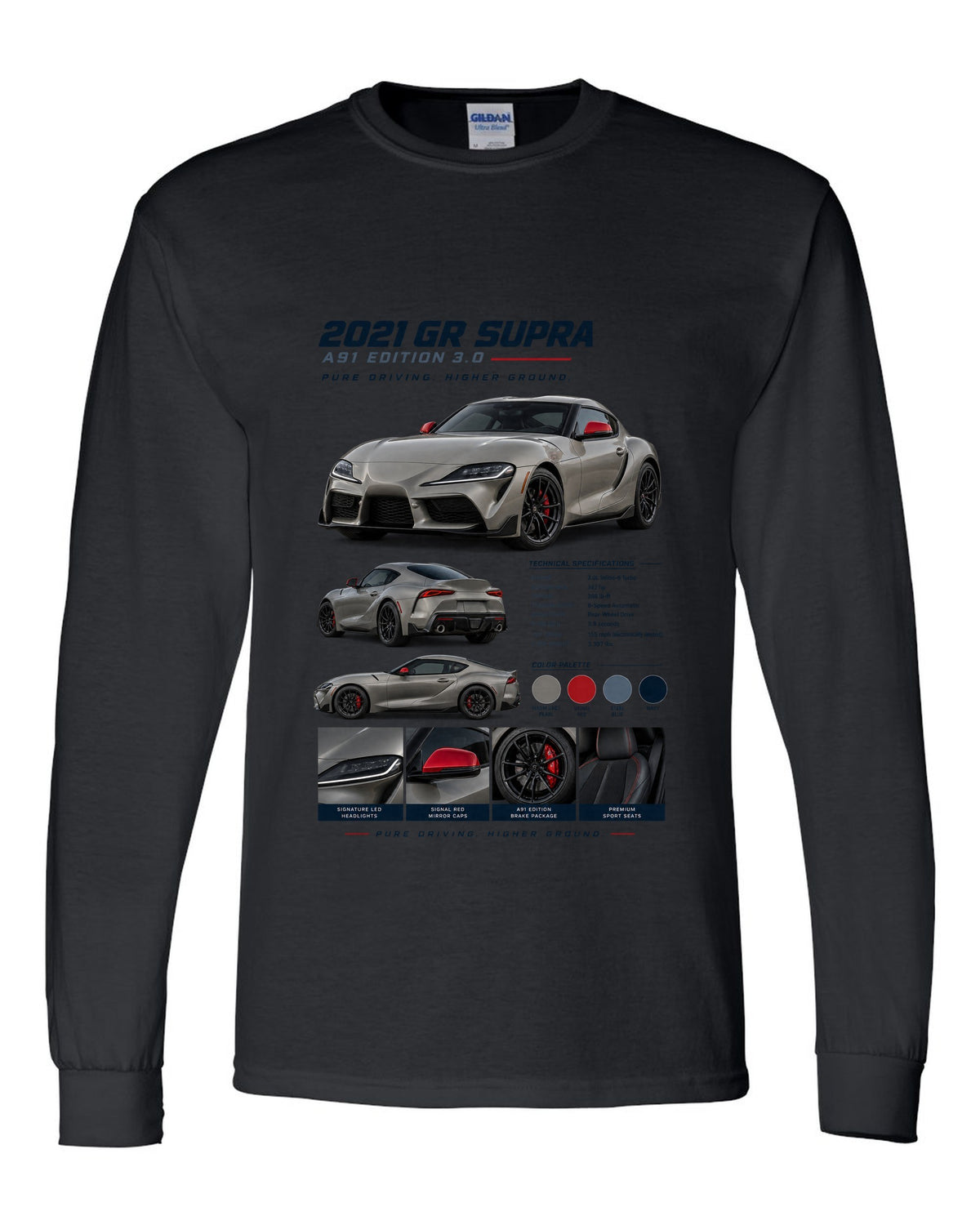 Dossier panel layout of the 2021 Toyota GR Supra A91 Edition in warm grey pearl with red mirror caps black long sleeve front view with the design