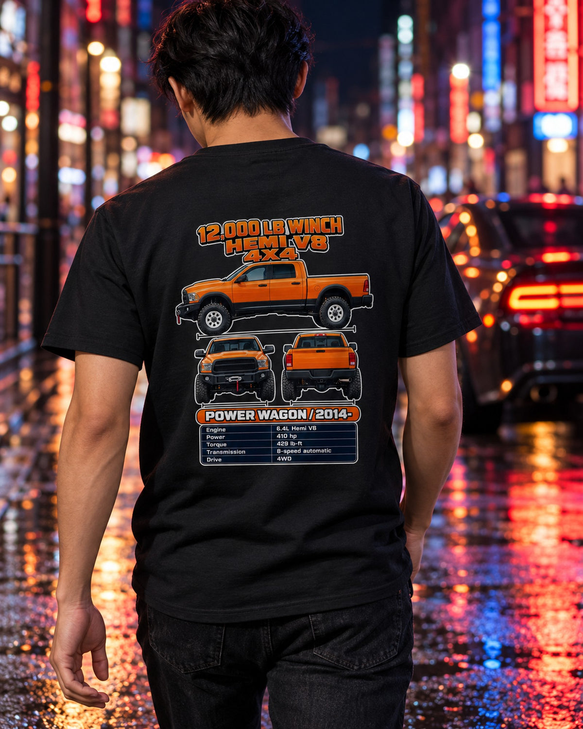 RAM Power Wagon Spec Sheet Full-Back Graphic Tee T-Shirt Black worn hero