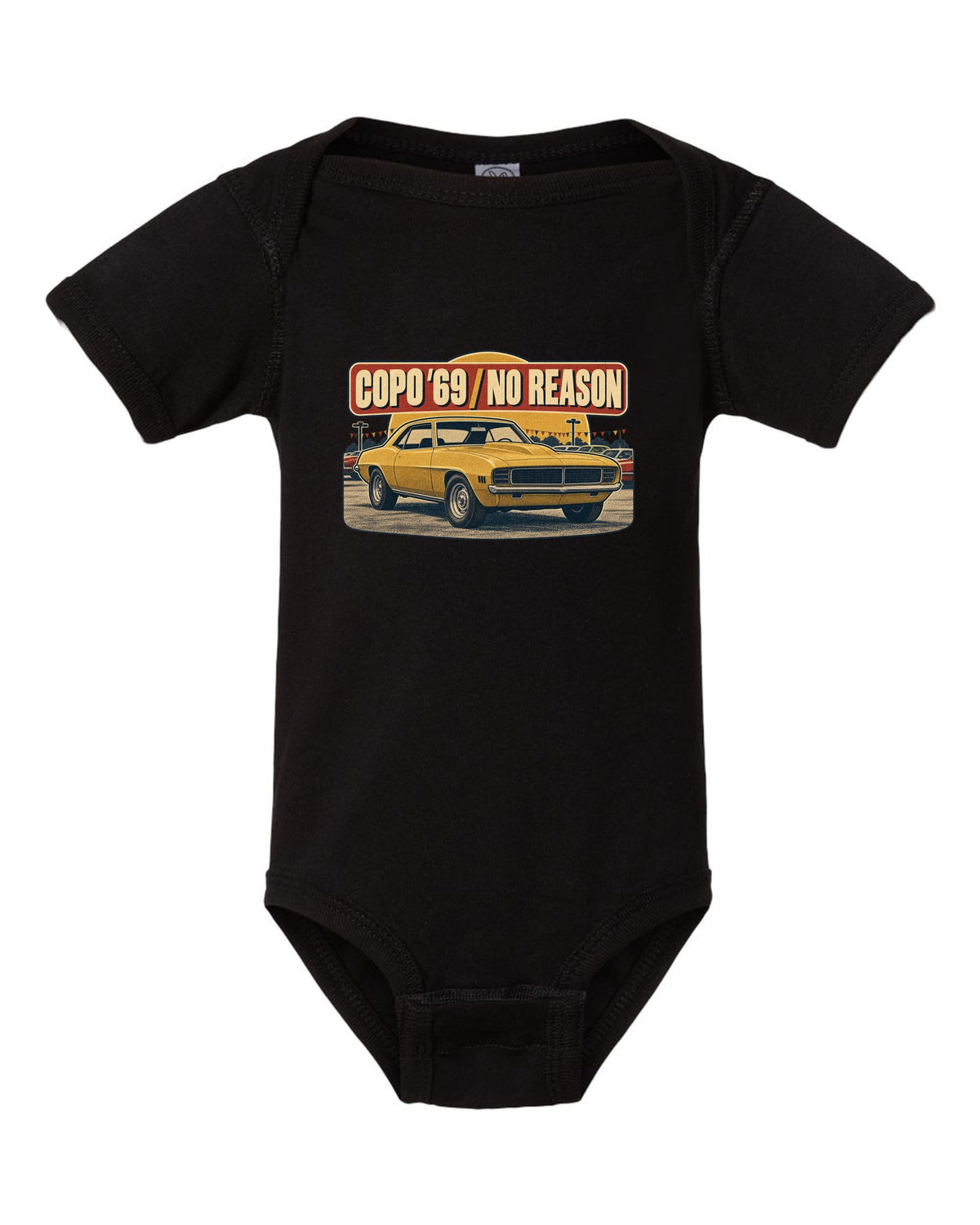 1970s catalogue ad layout with halftone shading of a 1969 Chevrolet Camaro COPO-style coupe black baby onesie front view with the design