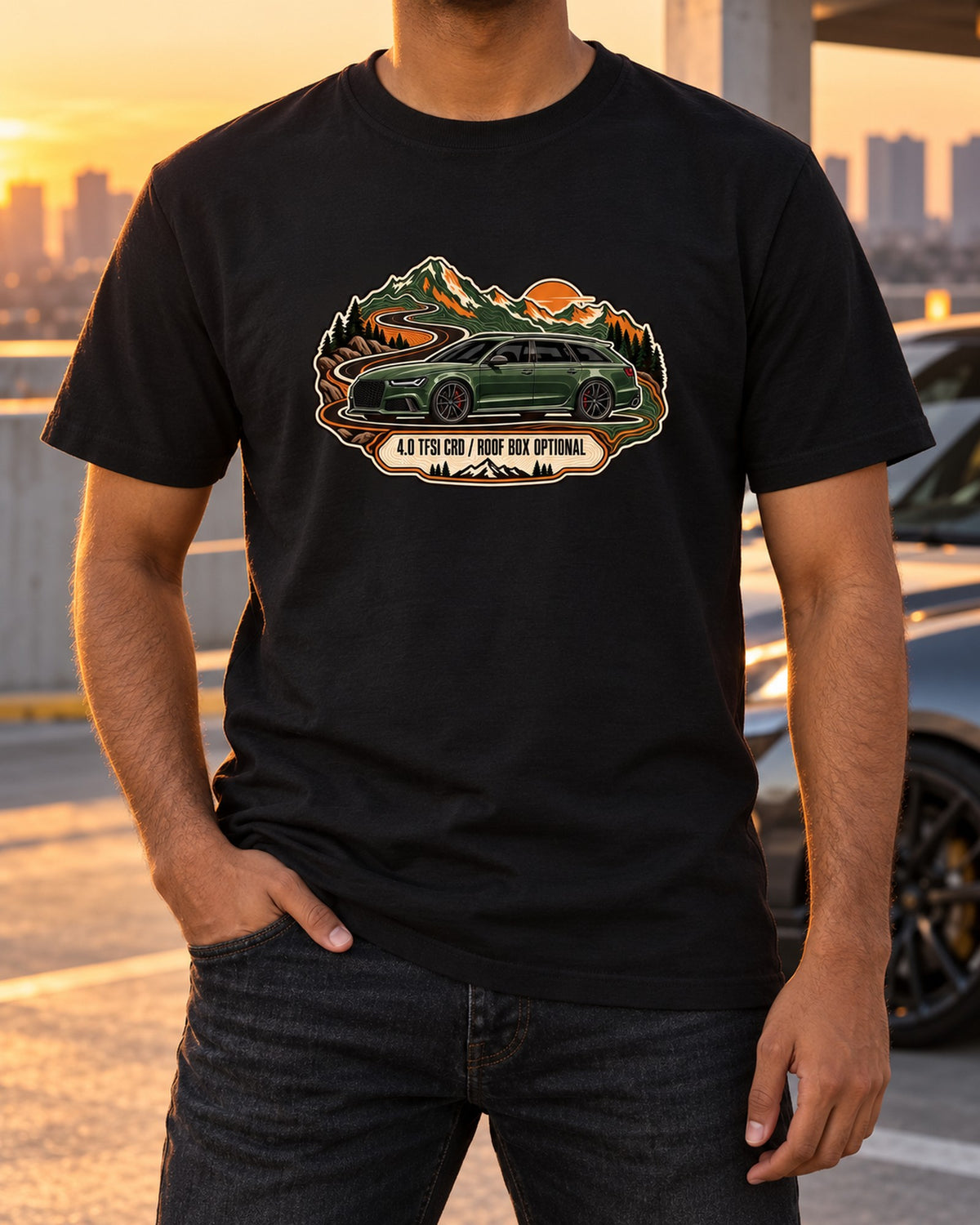 Audi RS6 Avant C7 4G Topographic Route Map Shirt, Roof Box T-Shirt Black worn hero