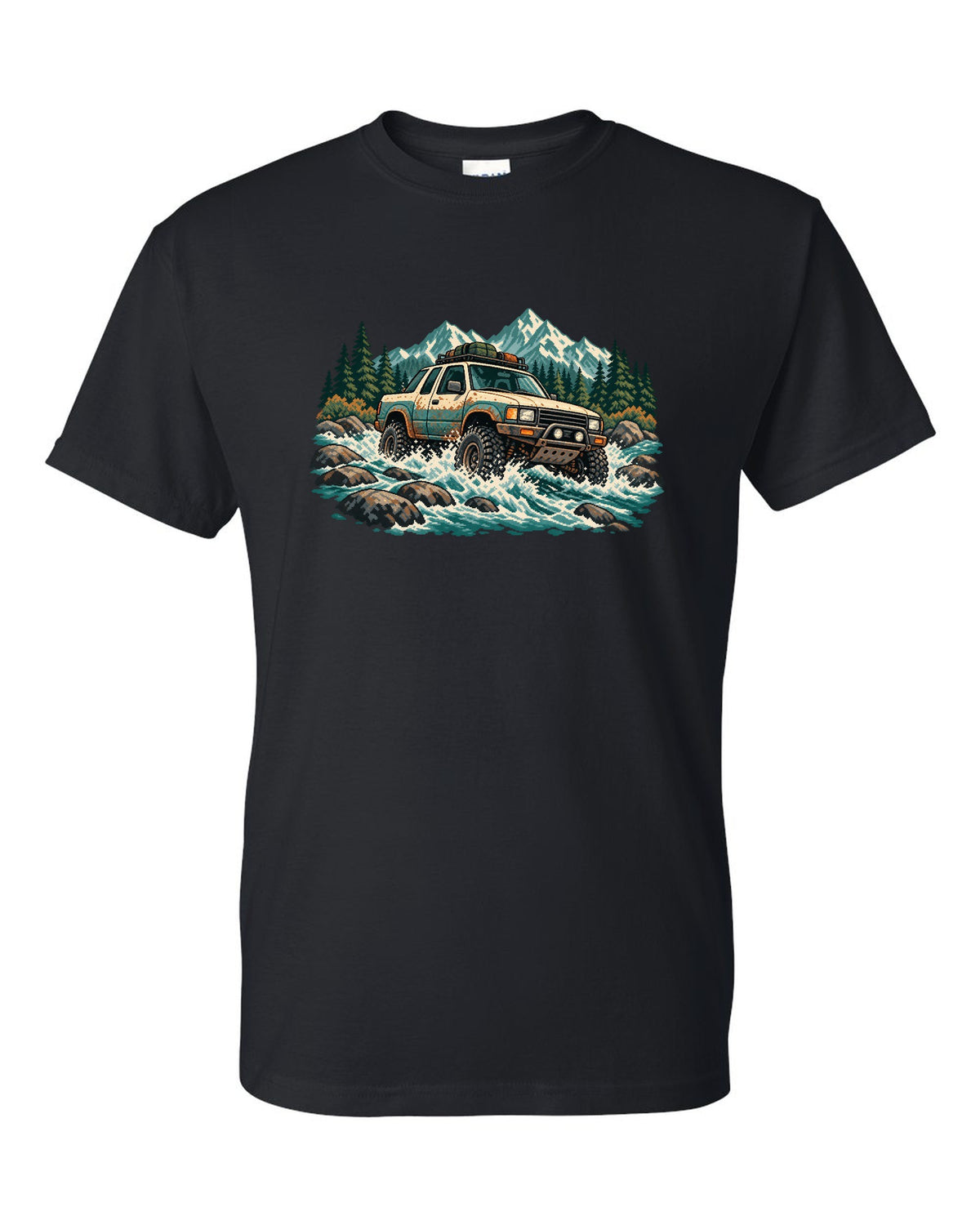 16-bit pixel art of a 2021 Ford F-150 Raptor Gen 3 P702 crossing a river with 5-LINK REAR lettering black t-shirt front view with the design