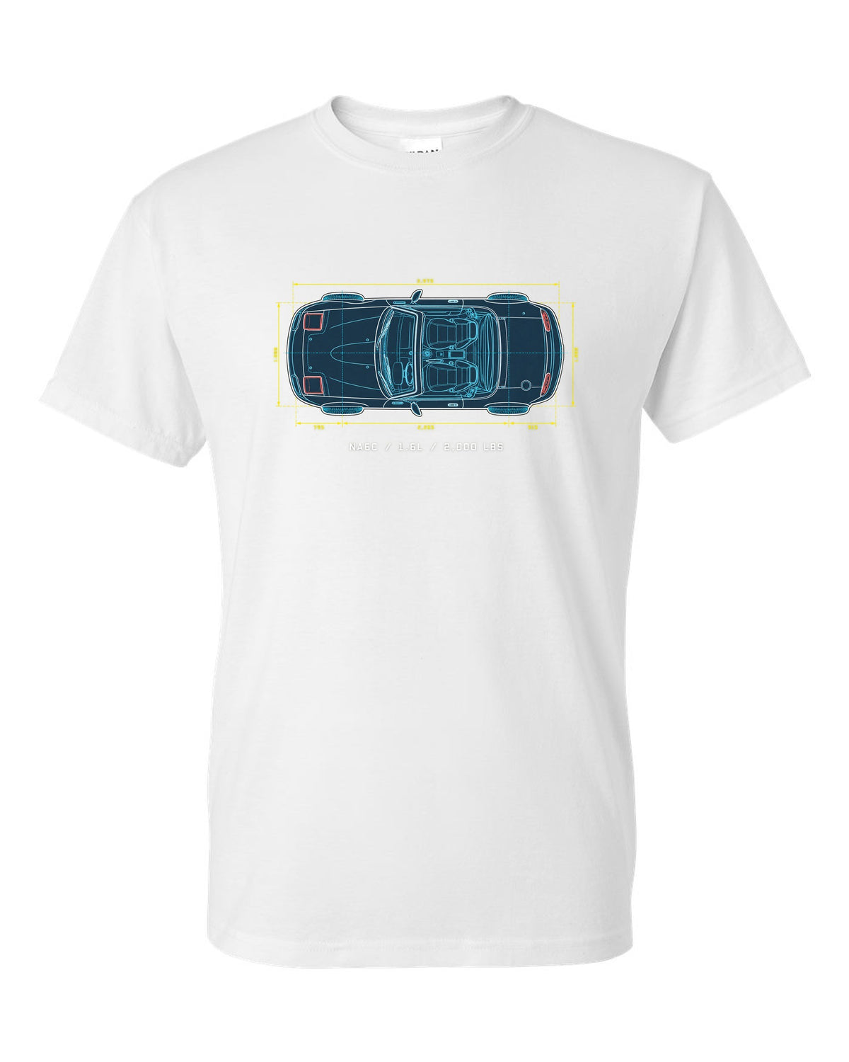 Technical blueprint line art of the Mazda MX-5 NA6C with 1.6L and 2,000 lbs text white t-shirt front view with the design
