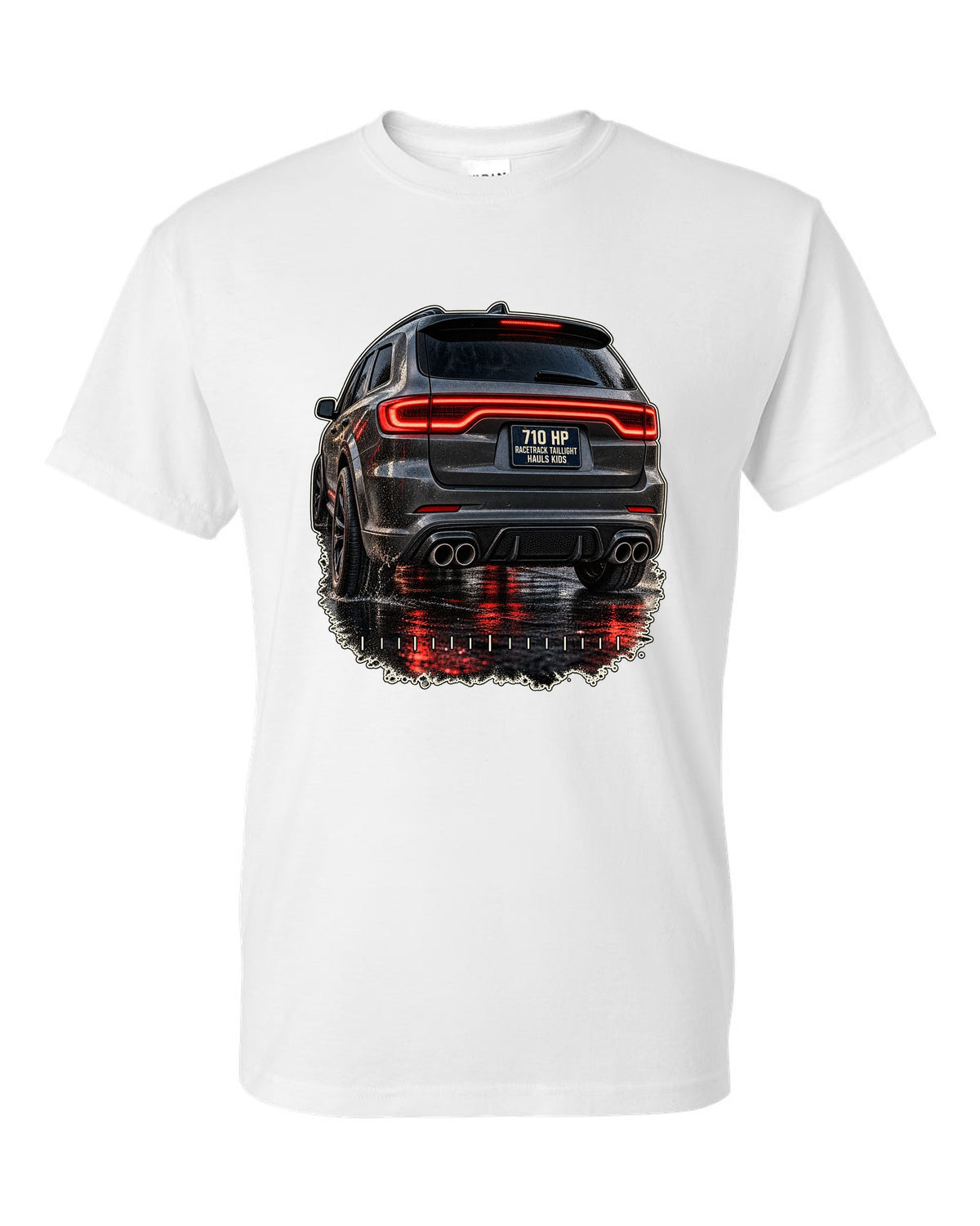 print of a Dodge Durango SRT Hellcat taillight close-up white t-shirt front view with the design