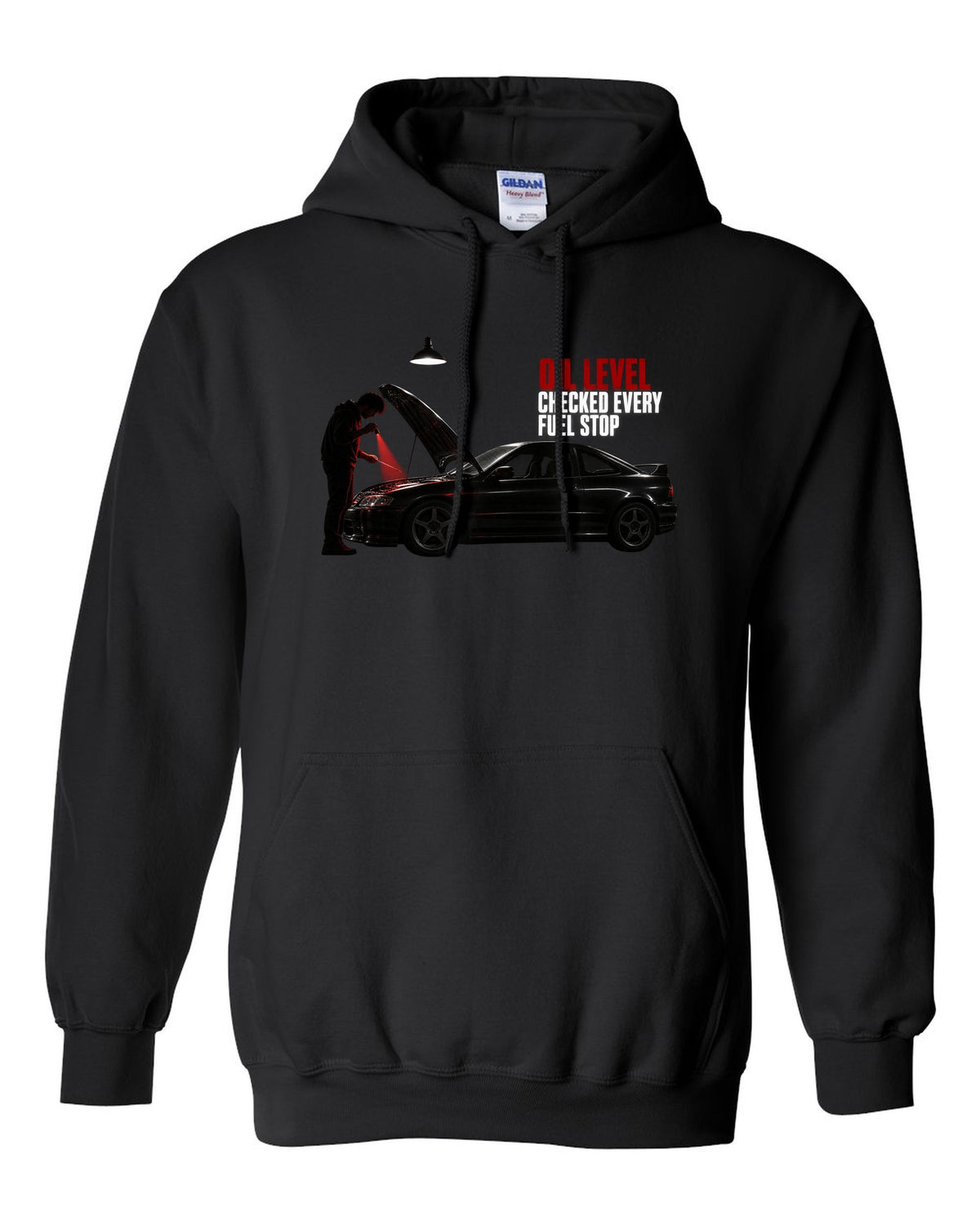 BMW E46 M3 coupe garage night print with oil level checked every fuel stop text black pull over hoodie front view with the design