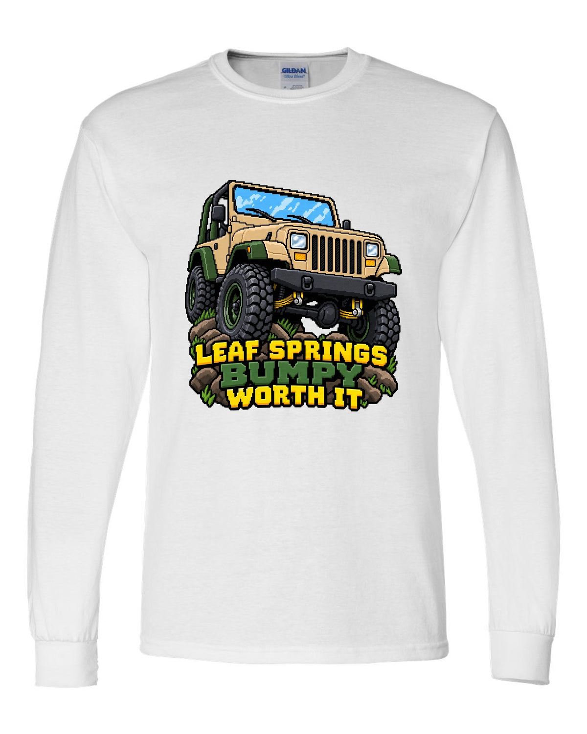 16-bit pixel art illustration of a Jeep Wrangler YJ with LEAF SPRINGS BUMPY WORTH IT lettering white long sleeve front view with the design