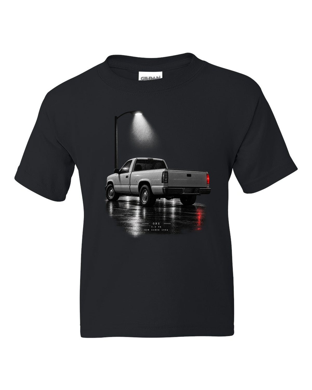 Night garage print of a 1992-97 Ford F-150 OBS truck with 5.0 V8 lettering black kids tee front view with the design