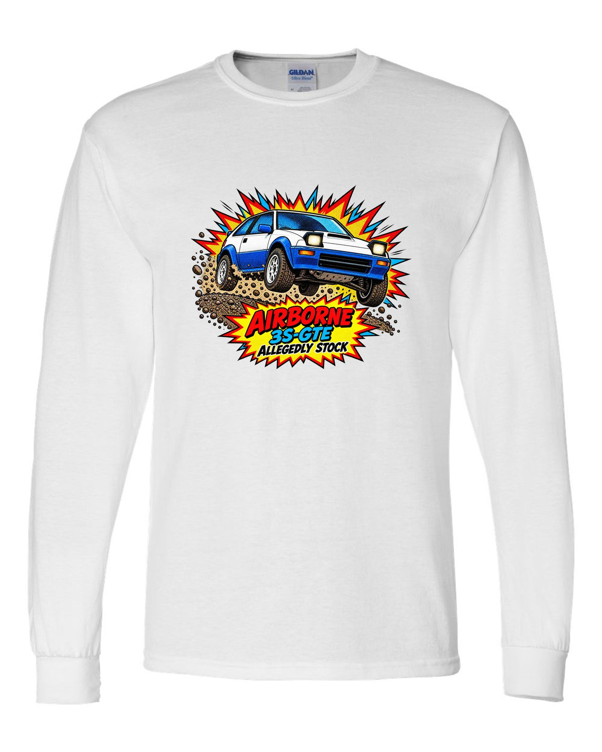 Comic halftone pop art of a Toyota Celica GT-Four ST165 jumping on gravel white long sleeve front view with the design