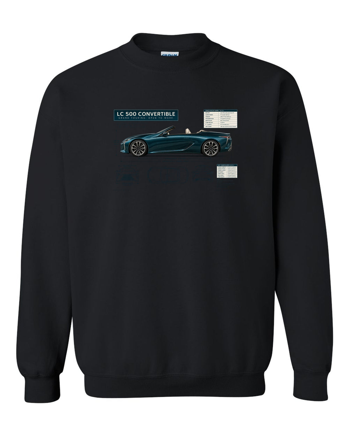 Dimension blueprint of the Lexus RC F with engine code and power figure black crewneck front view with the design