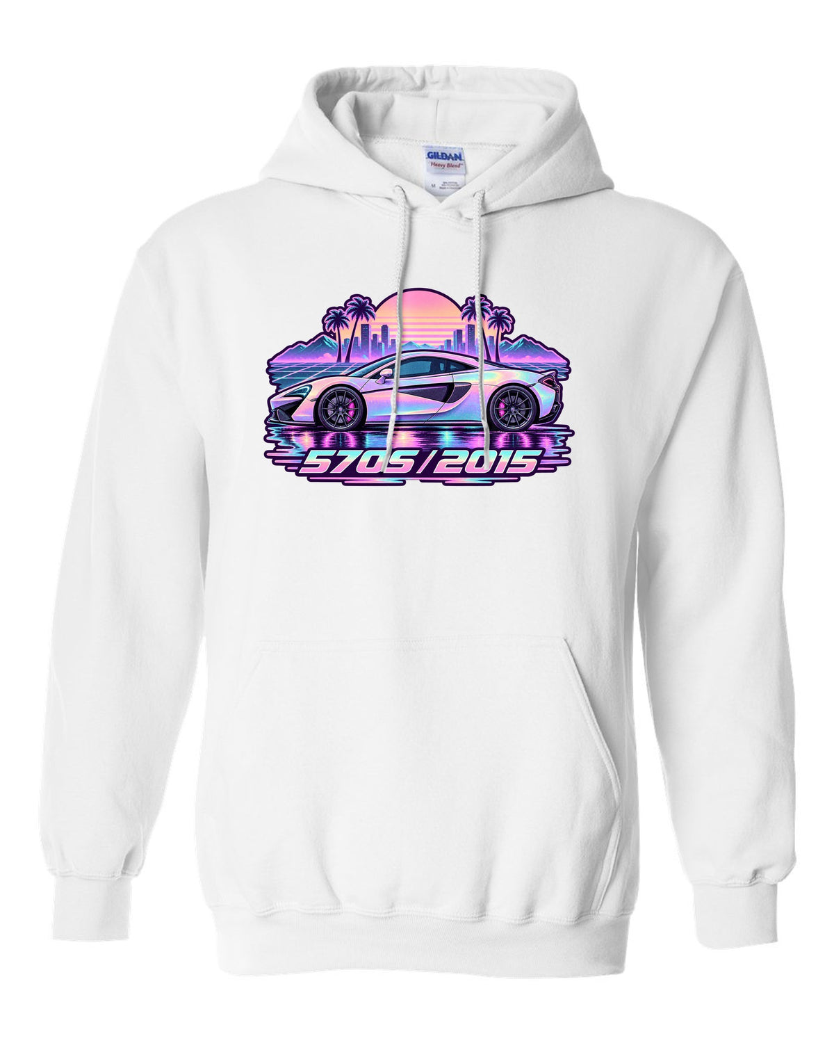 McLaren 570S vaporwave pastel rain print with 570S 2015 lettering white pull over hoodie front view with the design