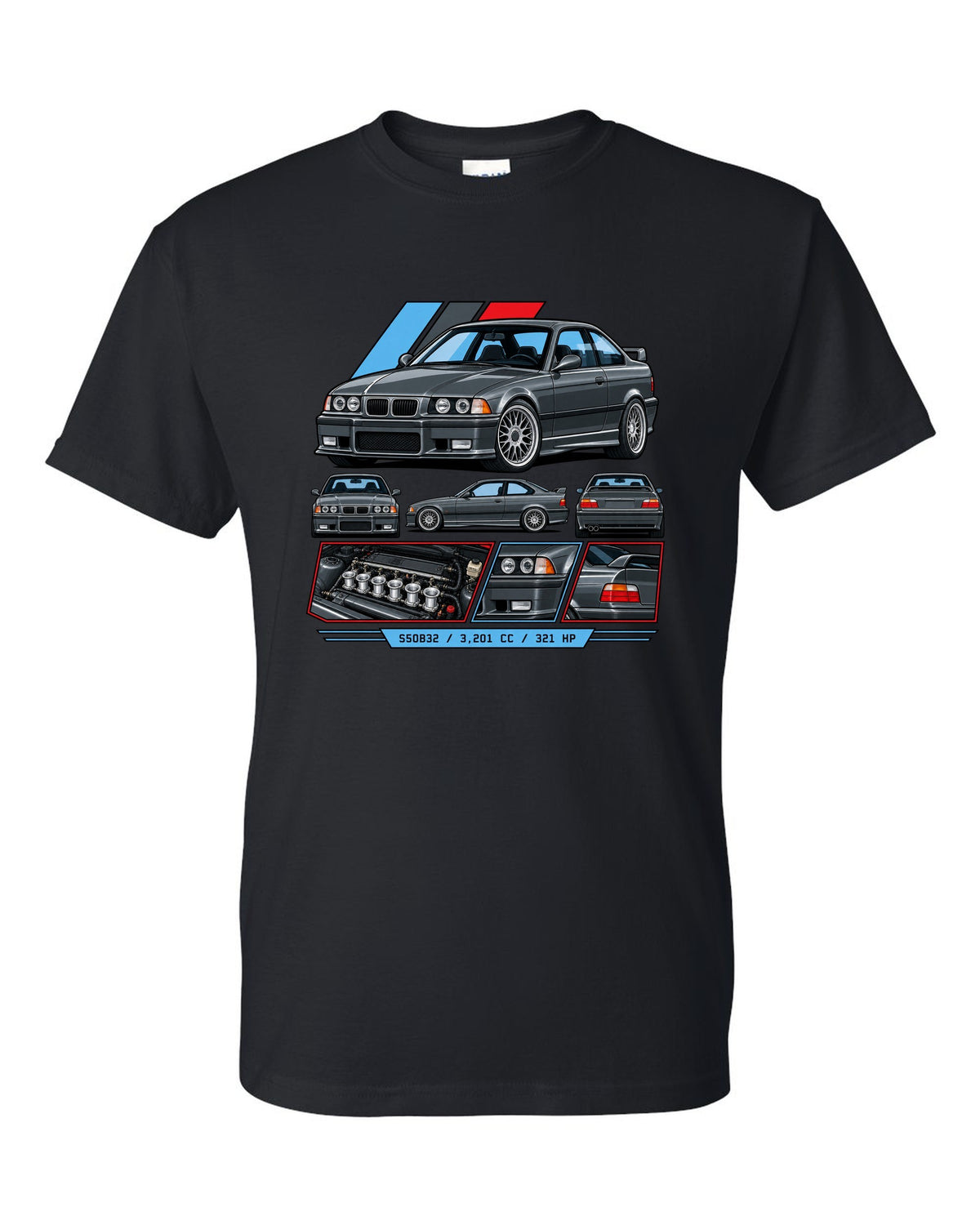 Cel-shaded anime night touge print of a BMW E36 M3 with slide now fix the diff later text black t-shirt front view with the design