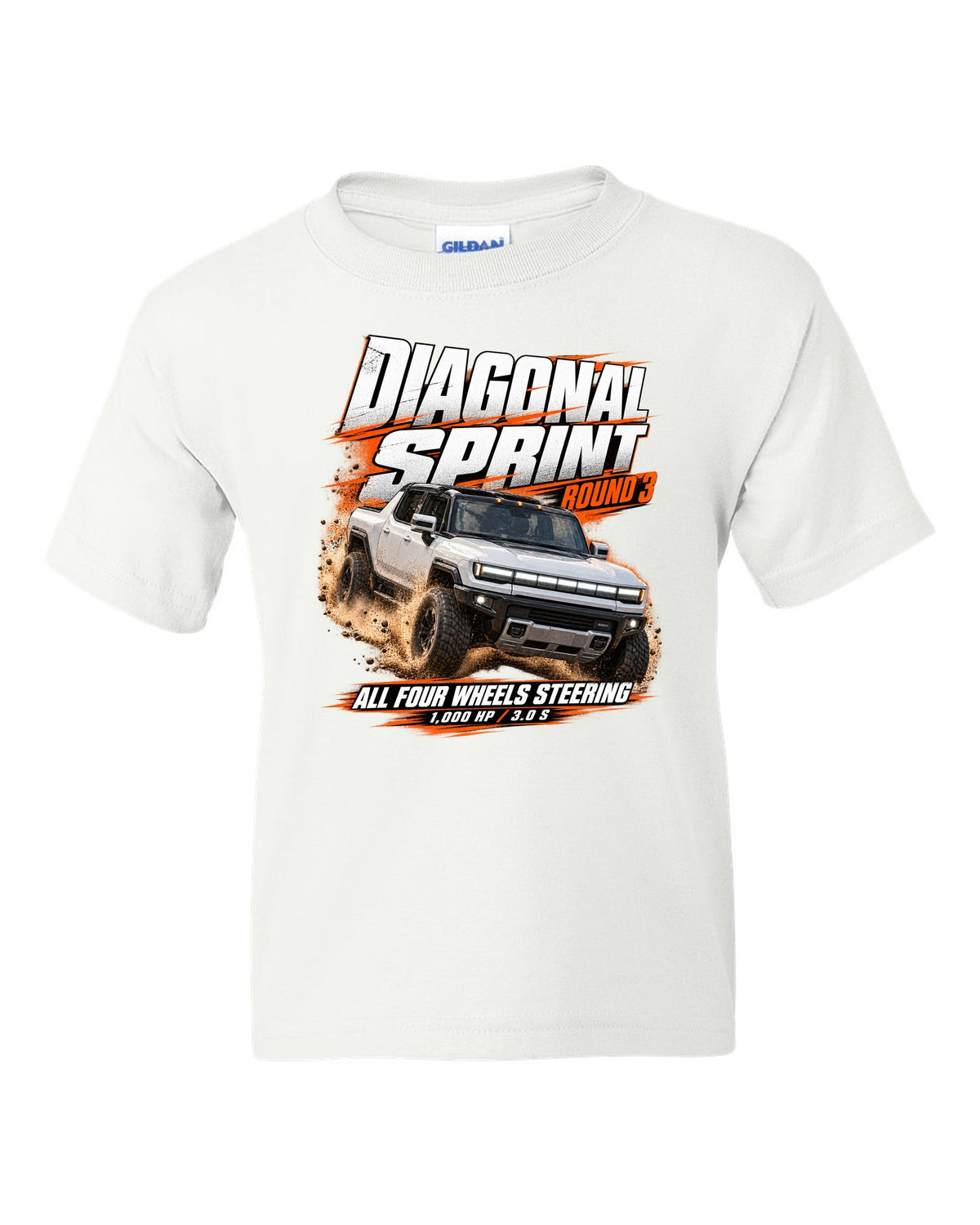 Race poster print of a 2022 GMC Hummer EV pickup EV3X with diagonal sprint text white kids tee front view with the design