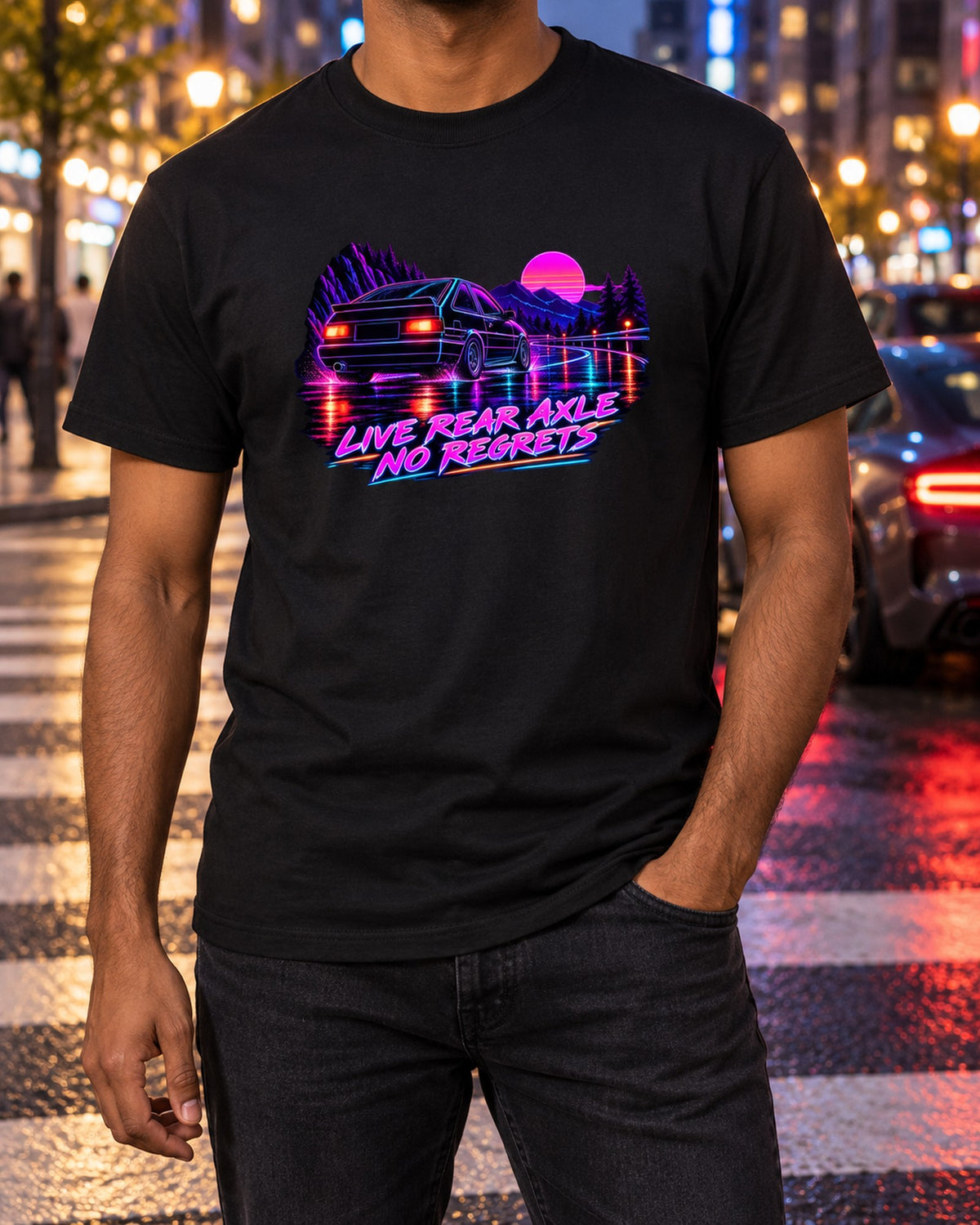 Corolla Levin AE86 Fixed Headlight Synthwave Line Art Tee T-Shirt Black worn hero