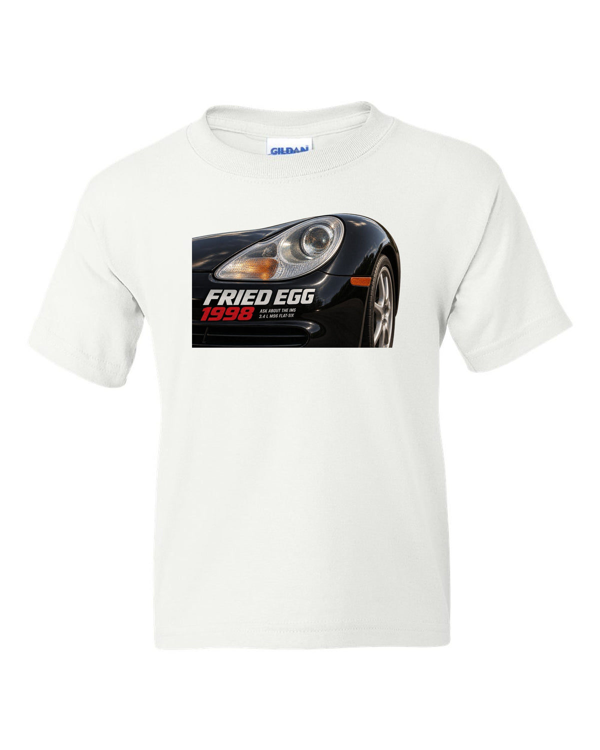 Close-up detail print of the Porsche 911 996 Fried Egg lamp with IMS joke text white kids tee front view with the design