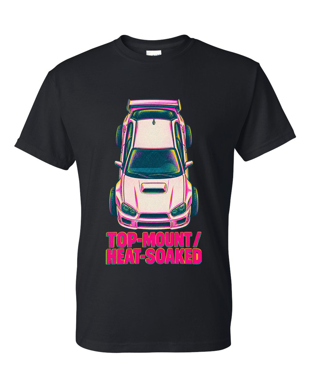 Risograph top view of a Subaru Impreza WRX GDB Blobeye with heat-soaked text black t-shirt front view with the design