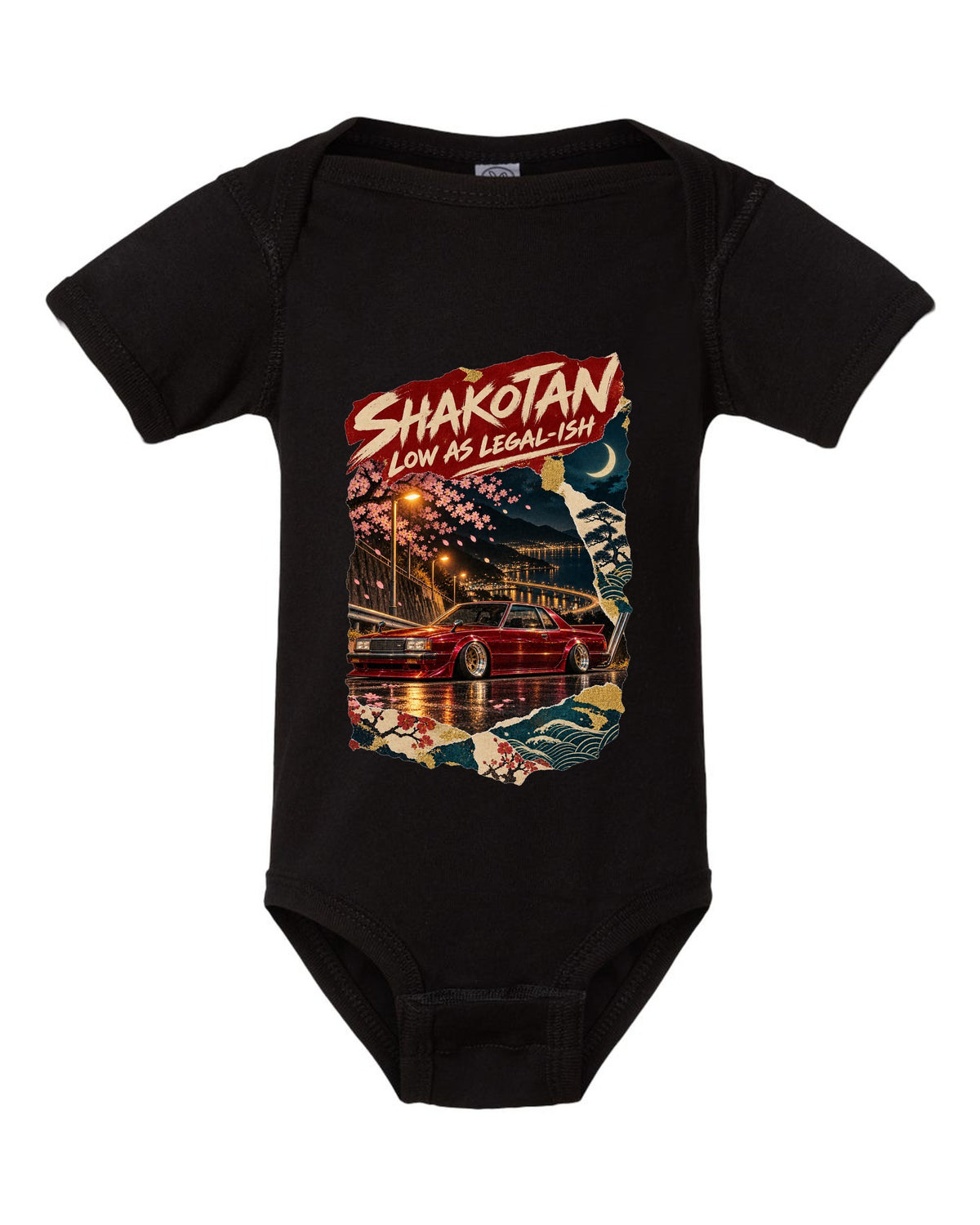 Japanese poster collage of a lowered kaido racer coupe with SHAKOTAN lettering black baby onesie front view with the design
