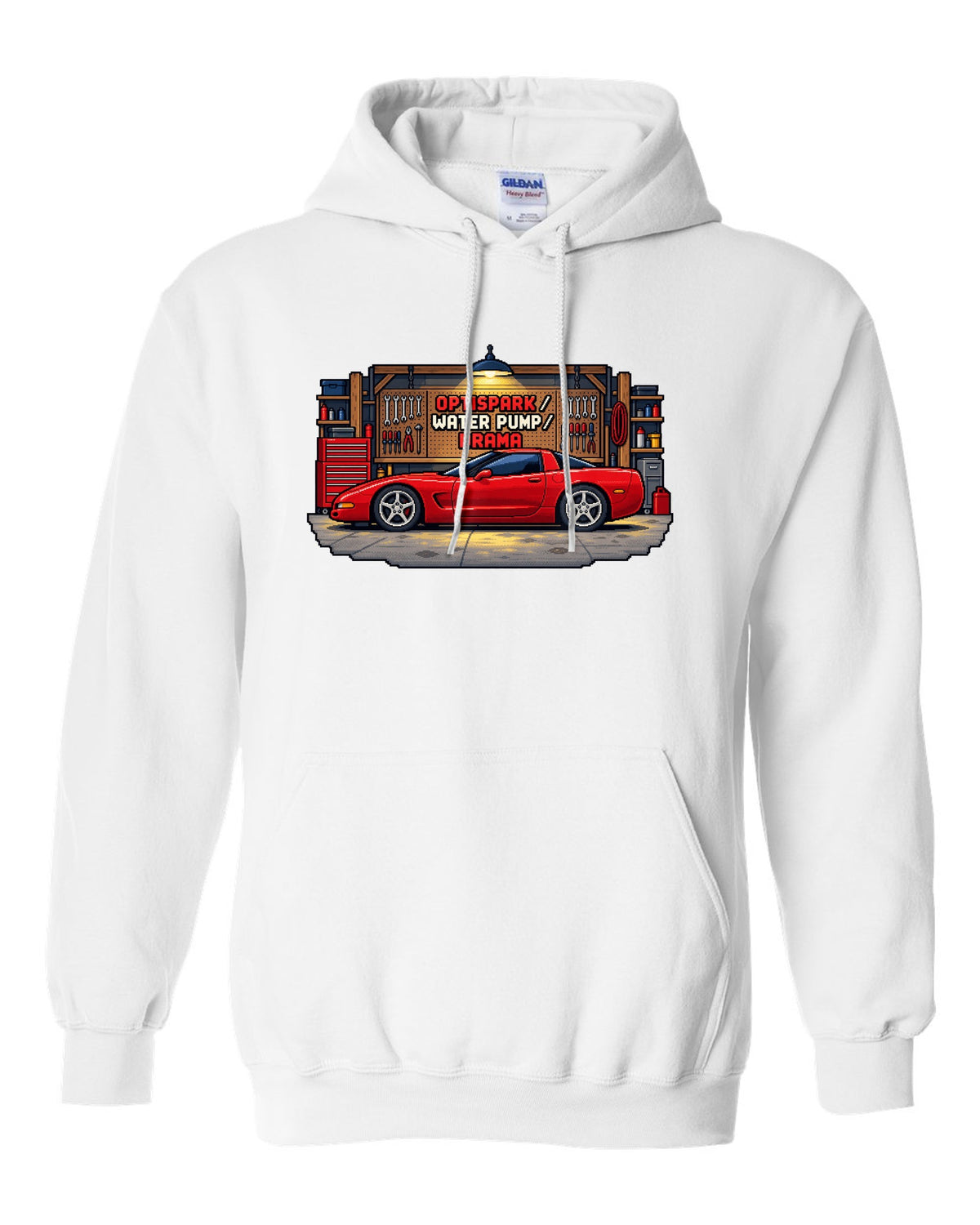 Pixel art print of a 1997 Chevrolet Corvette C5 coupe with Optispark Water Pump Drama text white pull over hoodie front view with the design