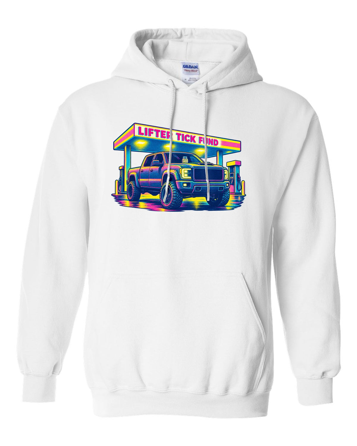 Risograph print of a 2007-2013 Chevrolet Silverado GMT900 with Lifter Tick Fund text white pull over hoodie front view with the design