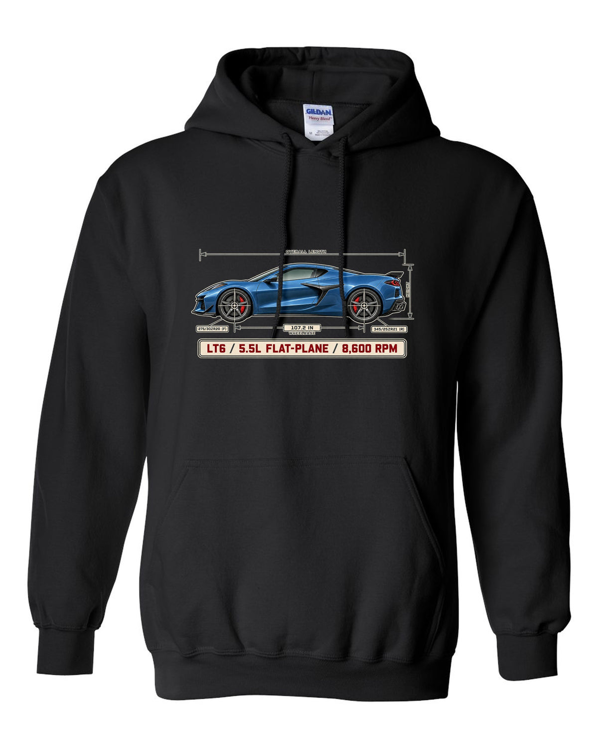 Dimension blueprint print of a Chevrolet Corvette C8 Z06 with LT6 5.5L flat-plane text black pull over hoodie front view with the design