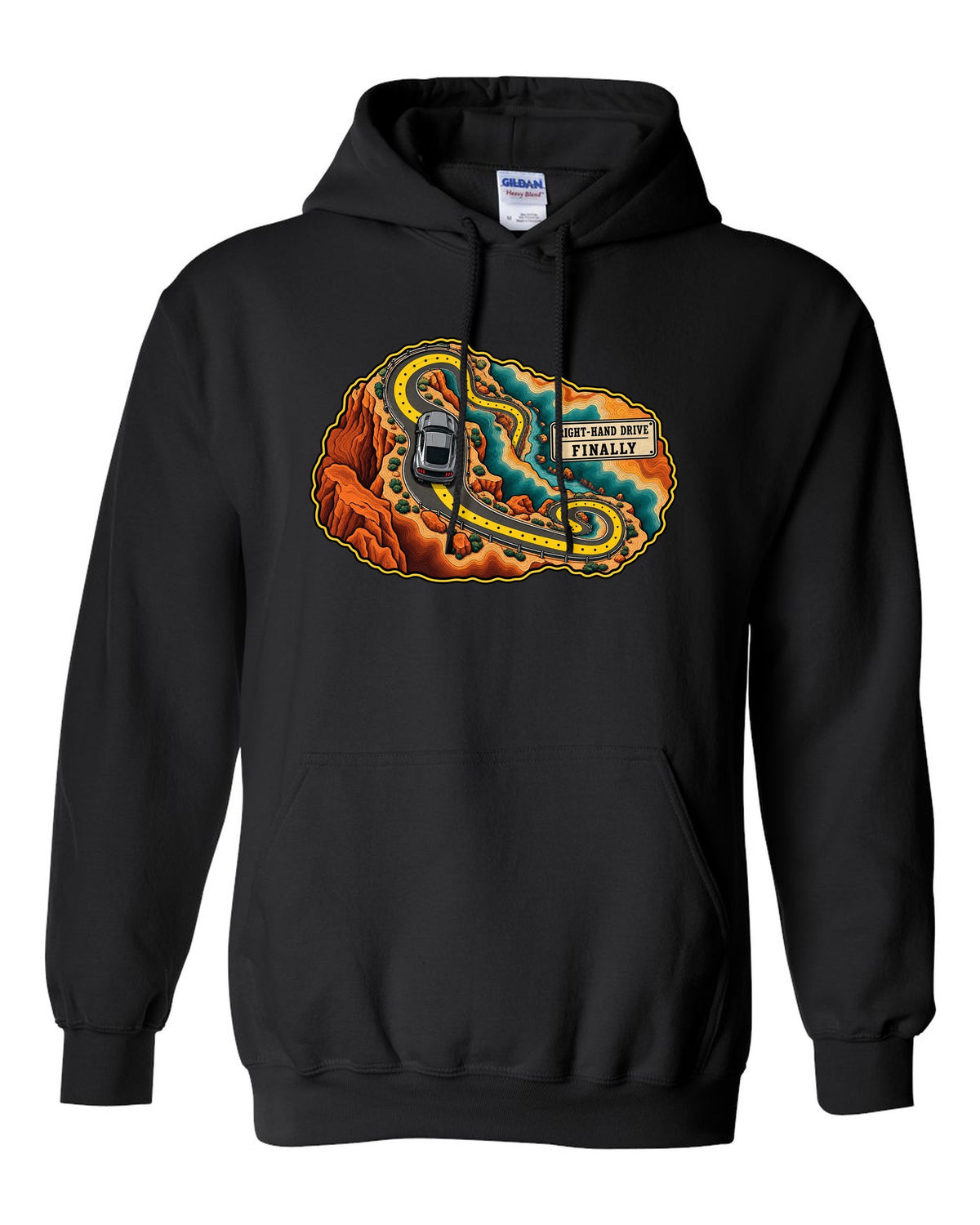 Topographic canyon route map with an S550 Ford Mustang fastback black pull over hoodie front view with the design