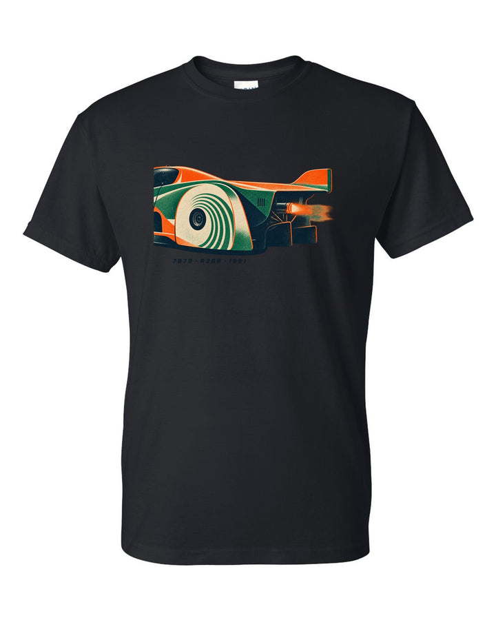 Risograph print of a Mazda 787B wheel and exhaust with R26B and 1991 text black t-shirt front view with the design