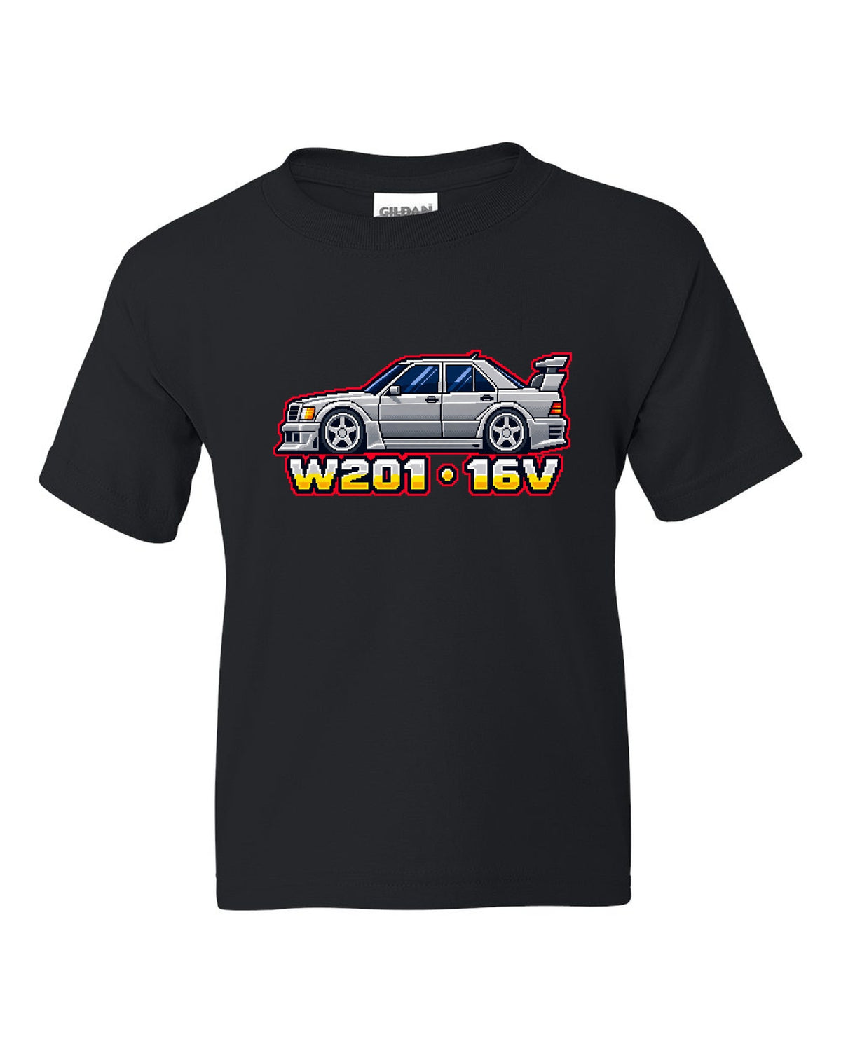 Mercedes 190E Evo II W201 16-Bit Pixel Art Tee, Car black kids tee front view with the design