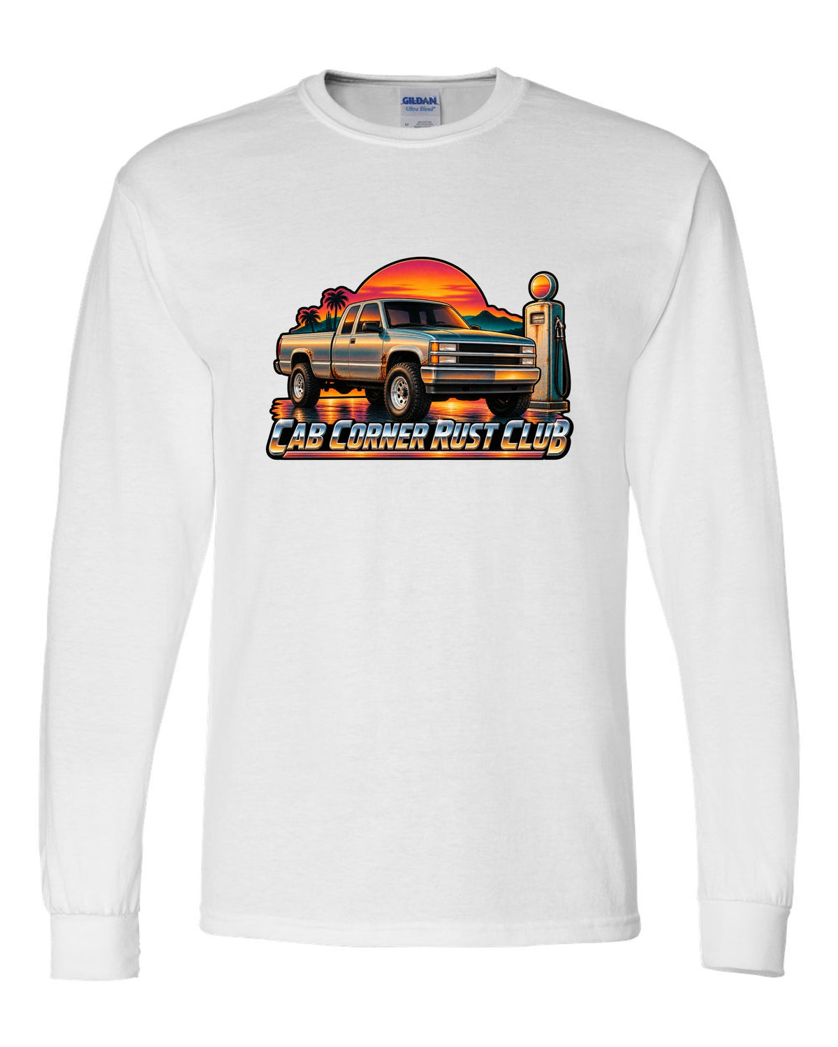 70s airbrush sunset gas pump print of a 1988-1998 Chevrolet OBS Silverado with Cab Corner Rust Club text white long sleeve front view with the design