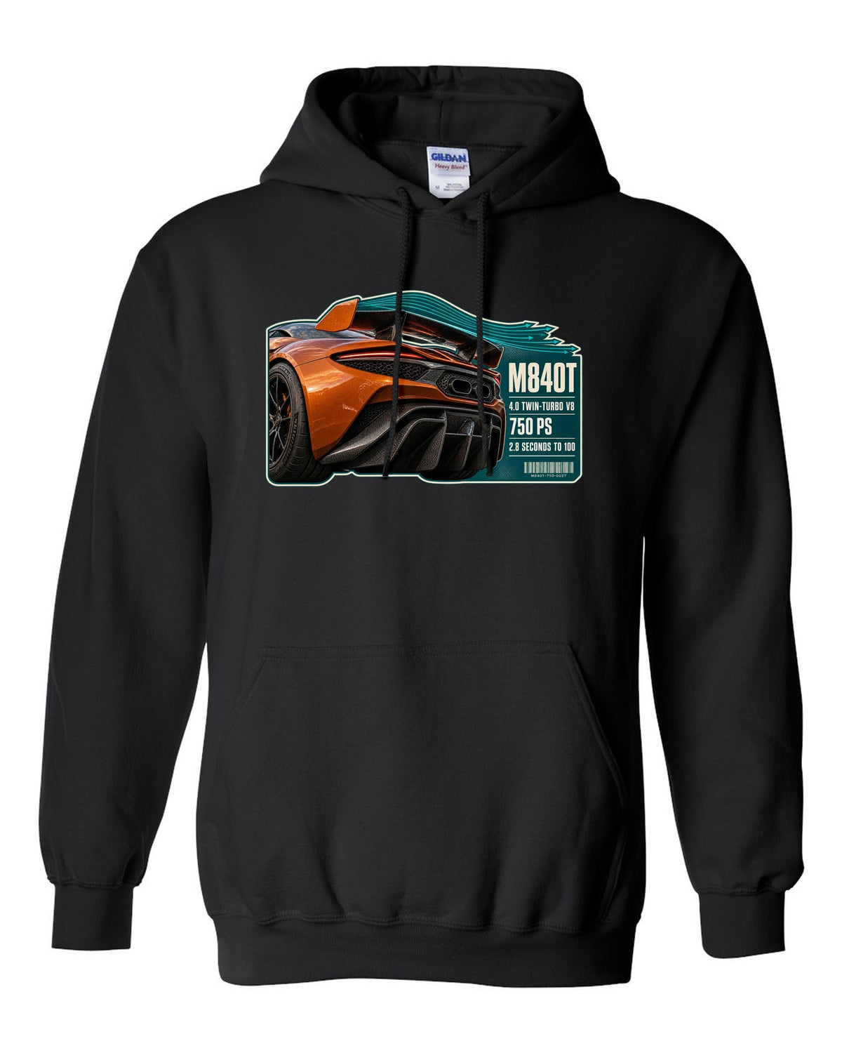 print taillight close-up of a McLaren 750S in burnt orange black pull over hoodie front view with the design