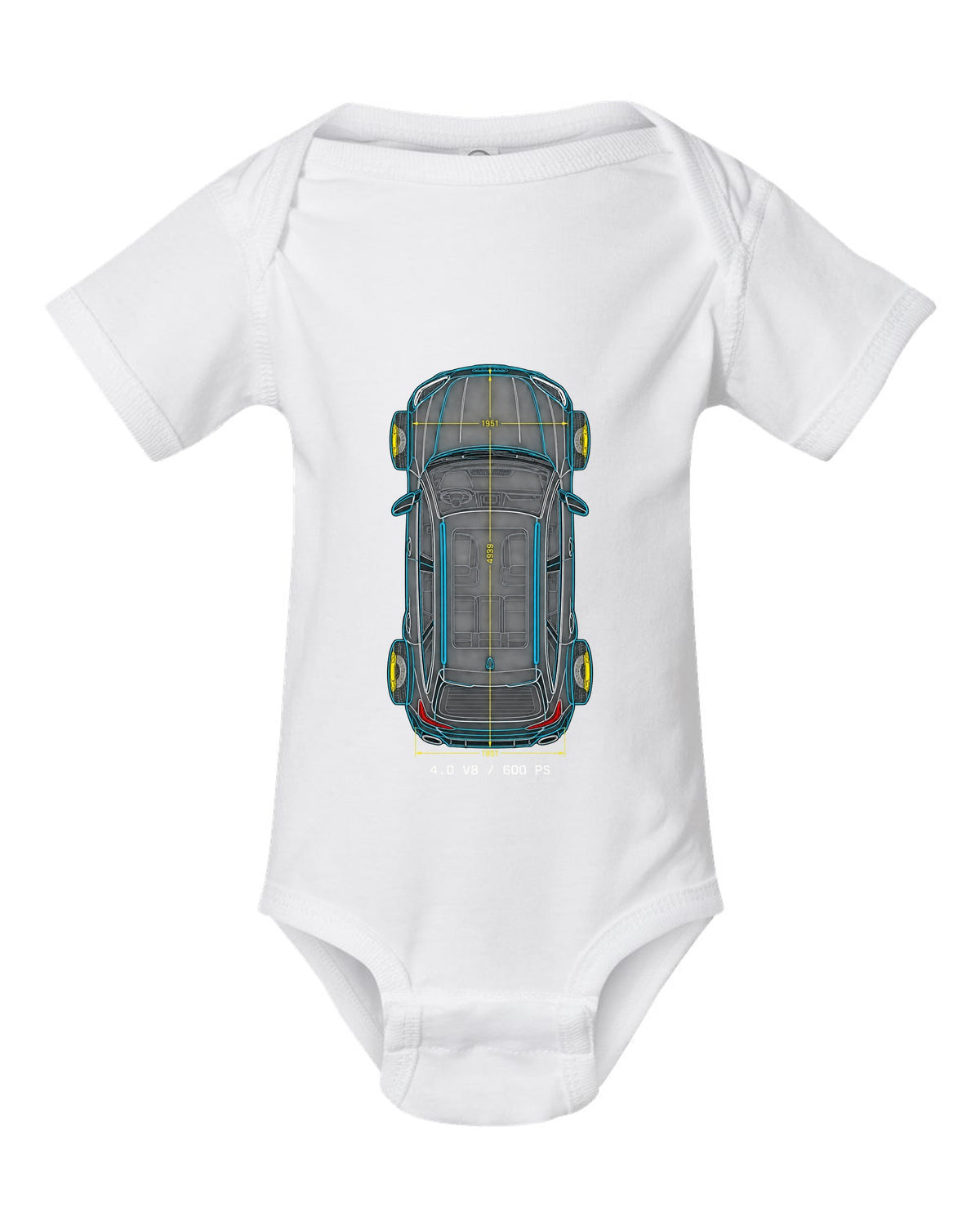 Top-down technical blueprint design of the Audi RS6 Avant C8 with 4.0 V8 and 600 PS lettering white baby onesie front view with the design