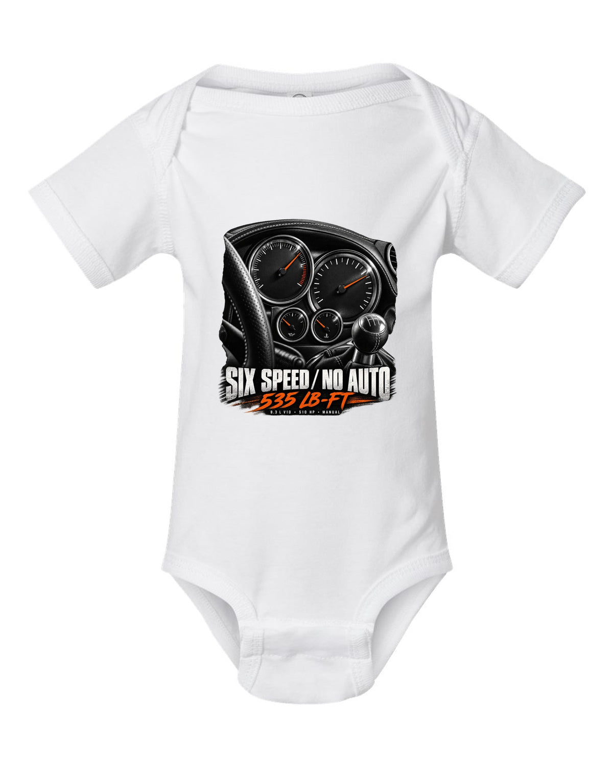 2006 Dodge Viper SRT-10 ZB I instrument gauge cluster print with six speed lettering white baby onesie front view with the design