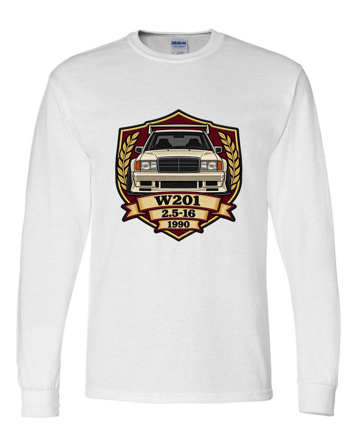 Embroidery-style shield crest print of a Mercedes-Benz 190E Evo II W201, 2.5-16, 1990 white long sleeve front view with the design