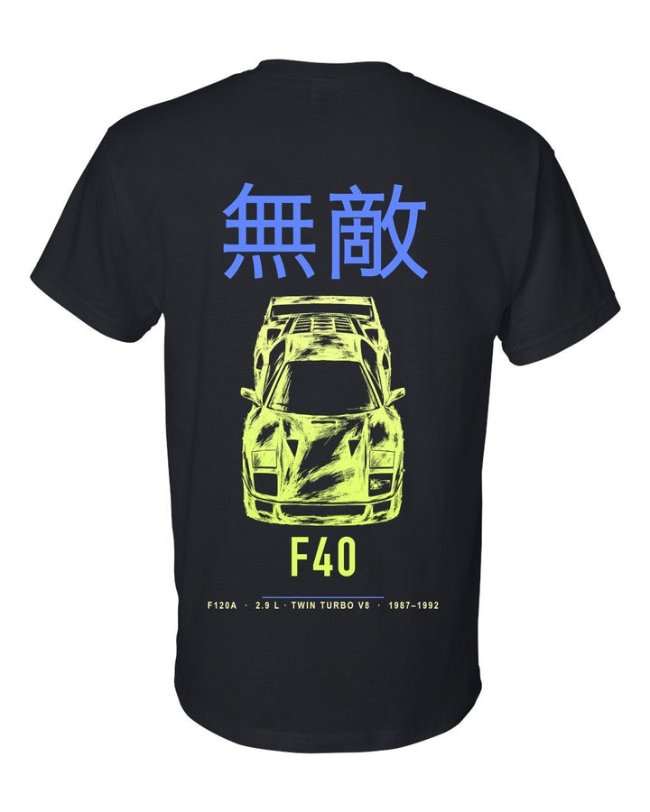 F40 full-back artwork black t-shirt back view with the design