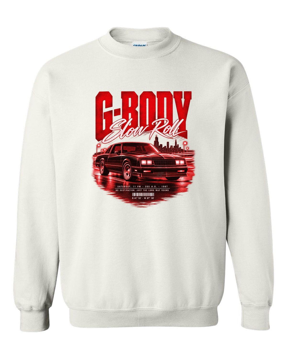 1987 Monte Carlo SS G-body street poster print with Slow Roll lettering white crewneck front view with the design