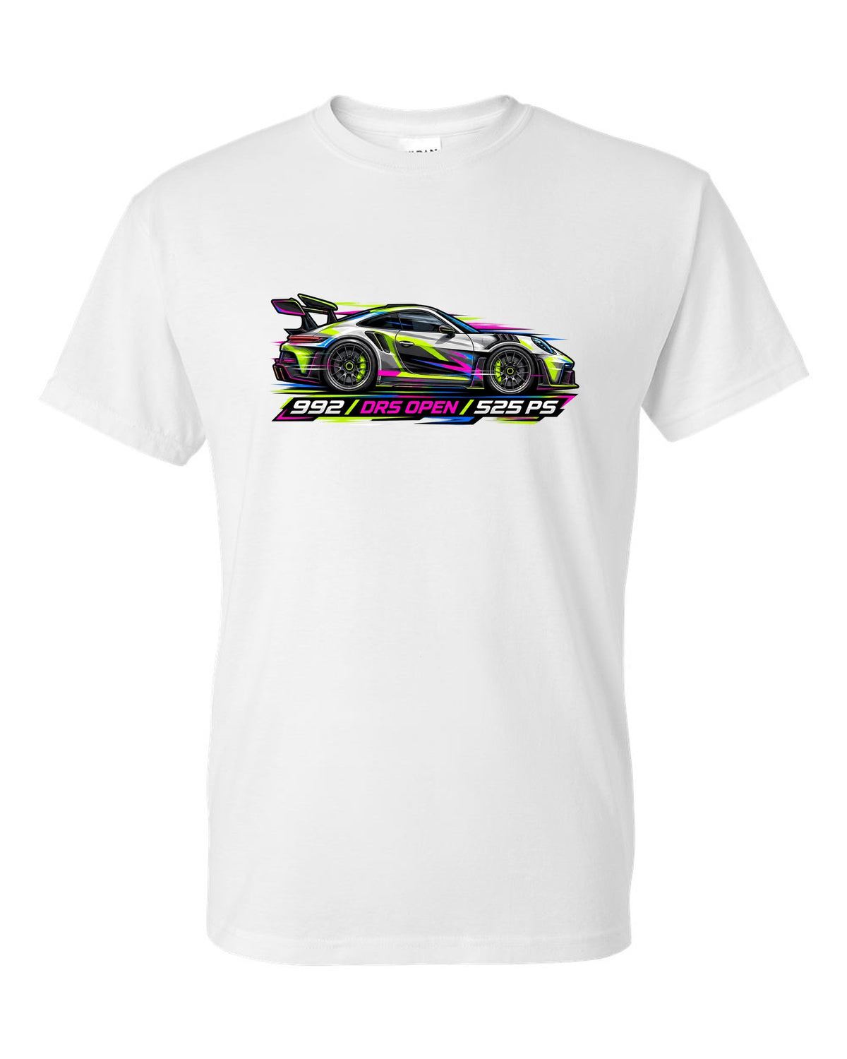 Cyberpunk neon vector artwork of a Porsche 911 GT3 RS 992 with DRS open white t-shirt front view with the design