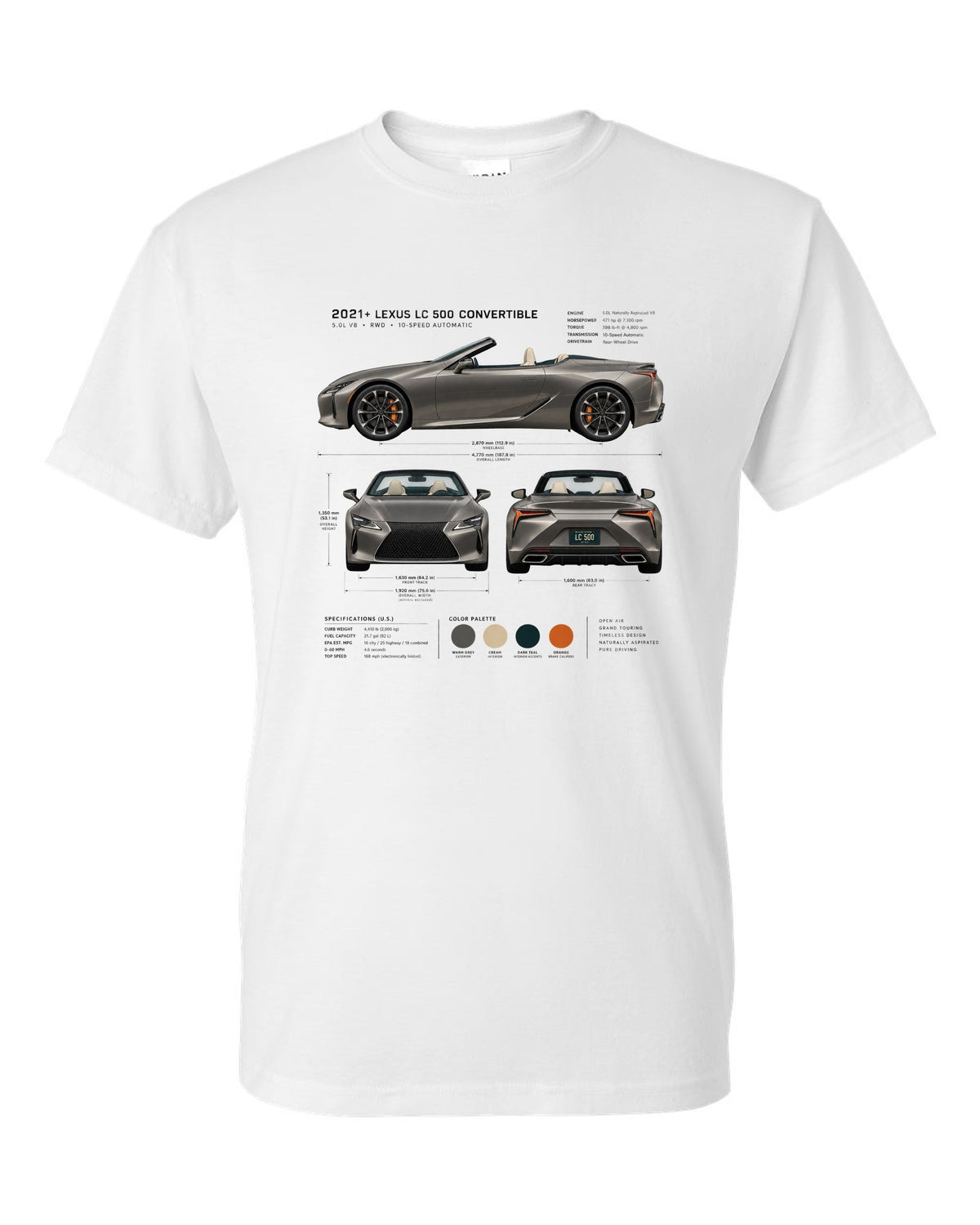 Three-view drawing of the Lexus LC 500 Convertible with spec table white t-shirt front view with the design