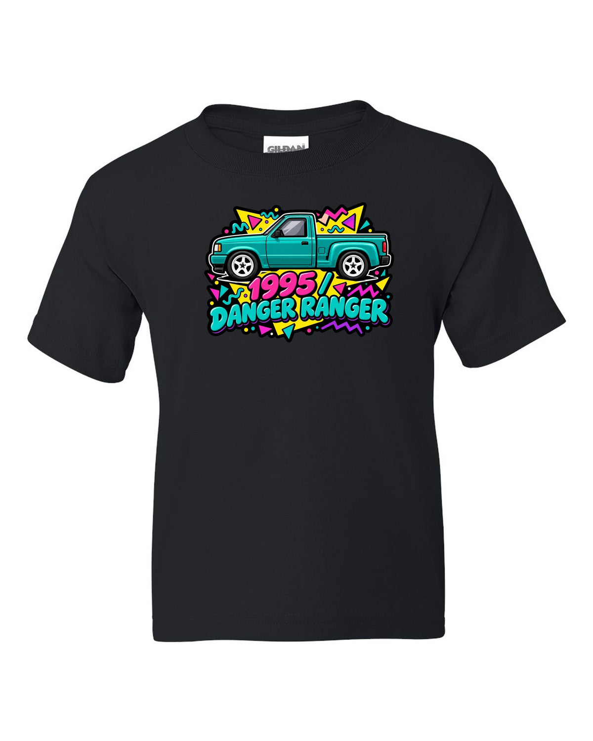 Ford Ranger 1995 stepside in a 90s Memphis sticker pack print black kids tee front view with the design
