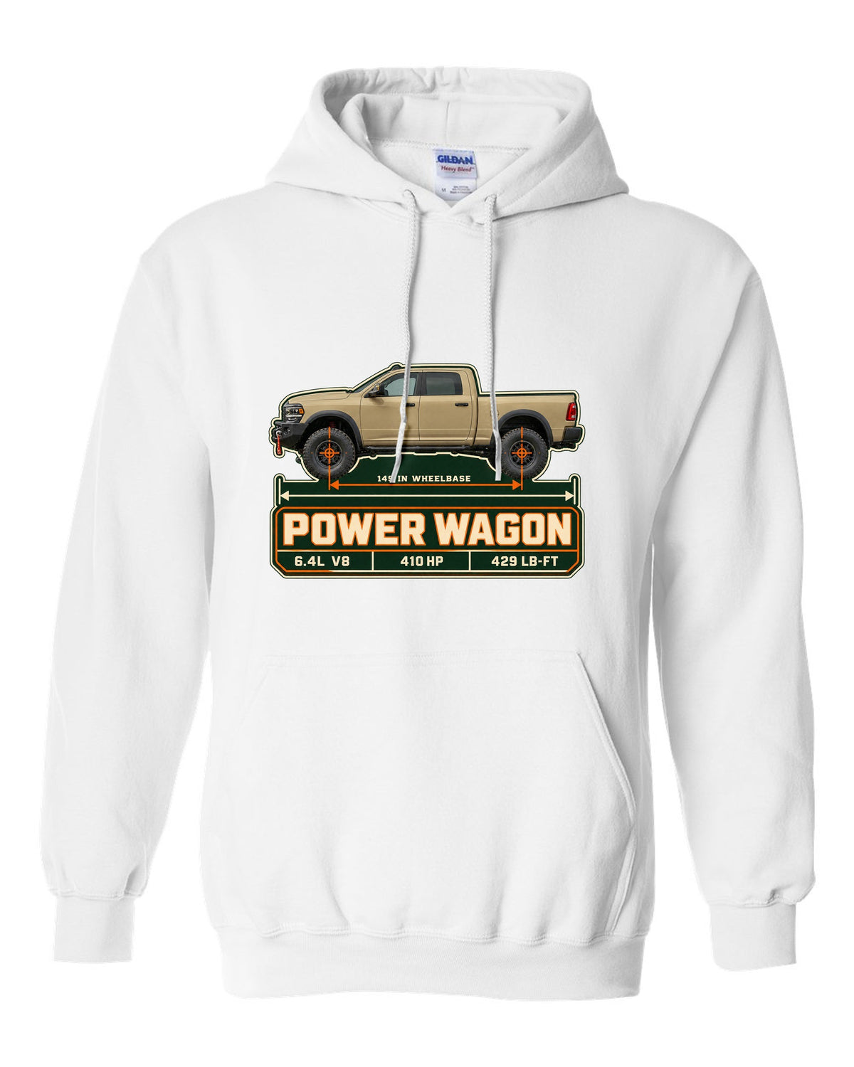 Ram 2500 Power Wagon dimension blueprint plate print with 149 inch wheelbase white pull over hoodie front view with the design