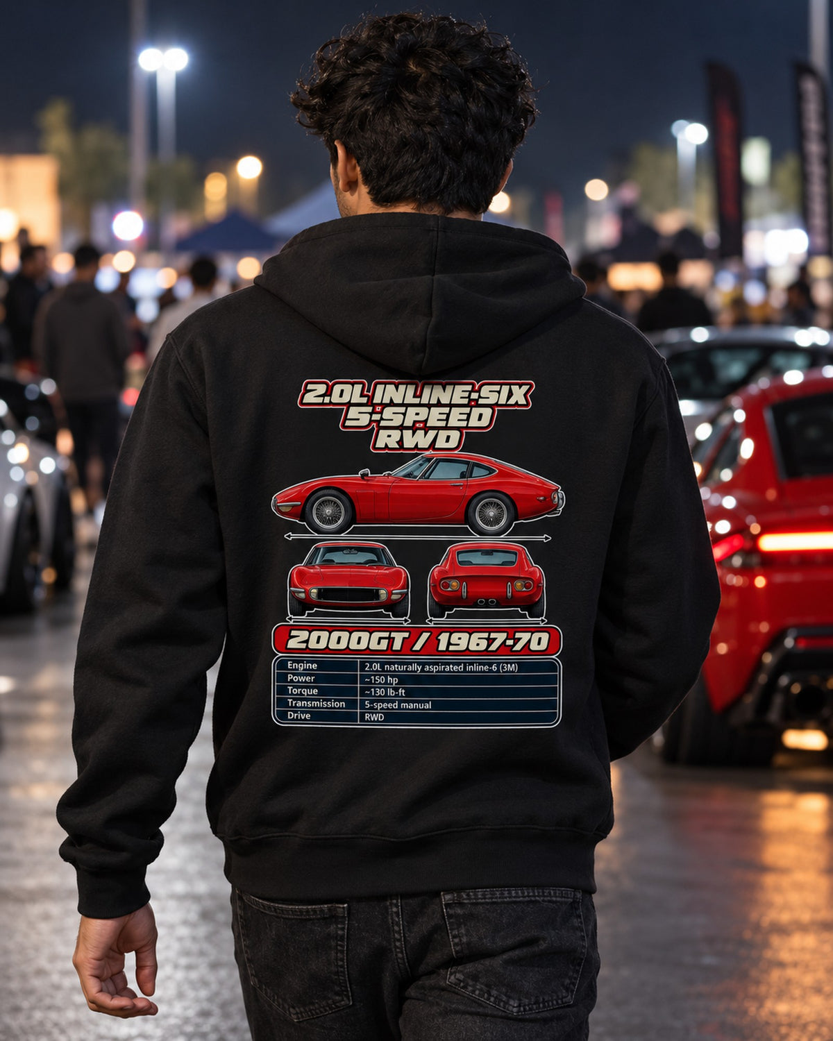 Toyota 2000GT Spec Sheet Full-Back Graphic Tee Zip Hoodie Black worn hero