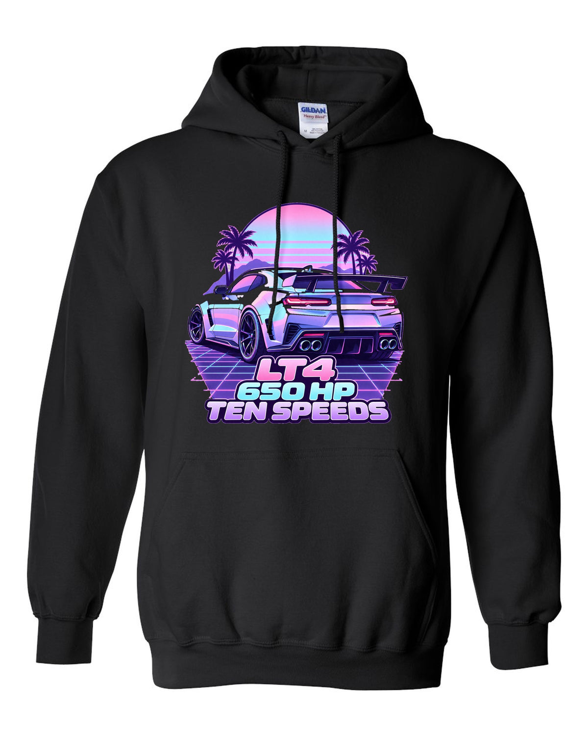2019 Chevrolet Camaro ZL1 LT4 vaporwave pastel print with 650 HP text black pull over hoodie front view with the design