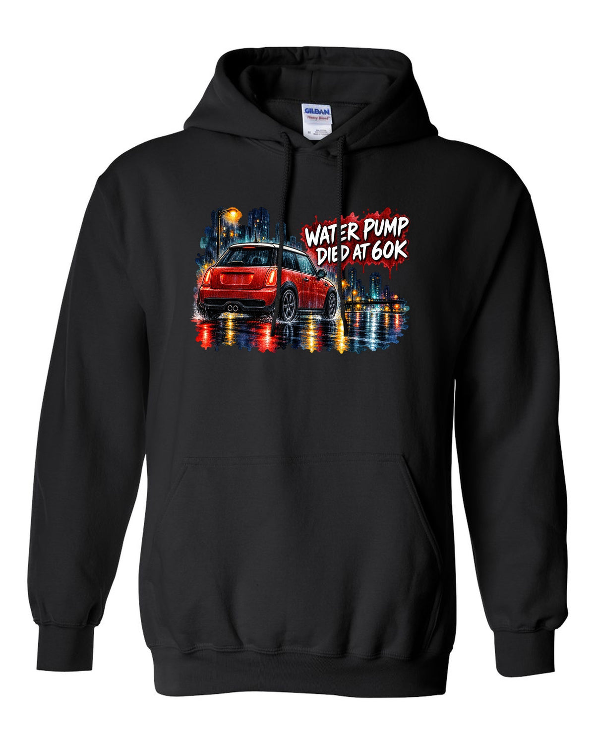 Watercolour night scene of a Mini Cooper S R56 on a wet road black pull over hoodie front view with the design