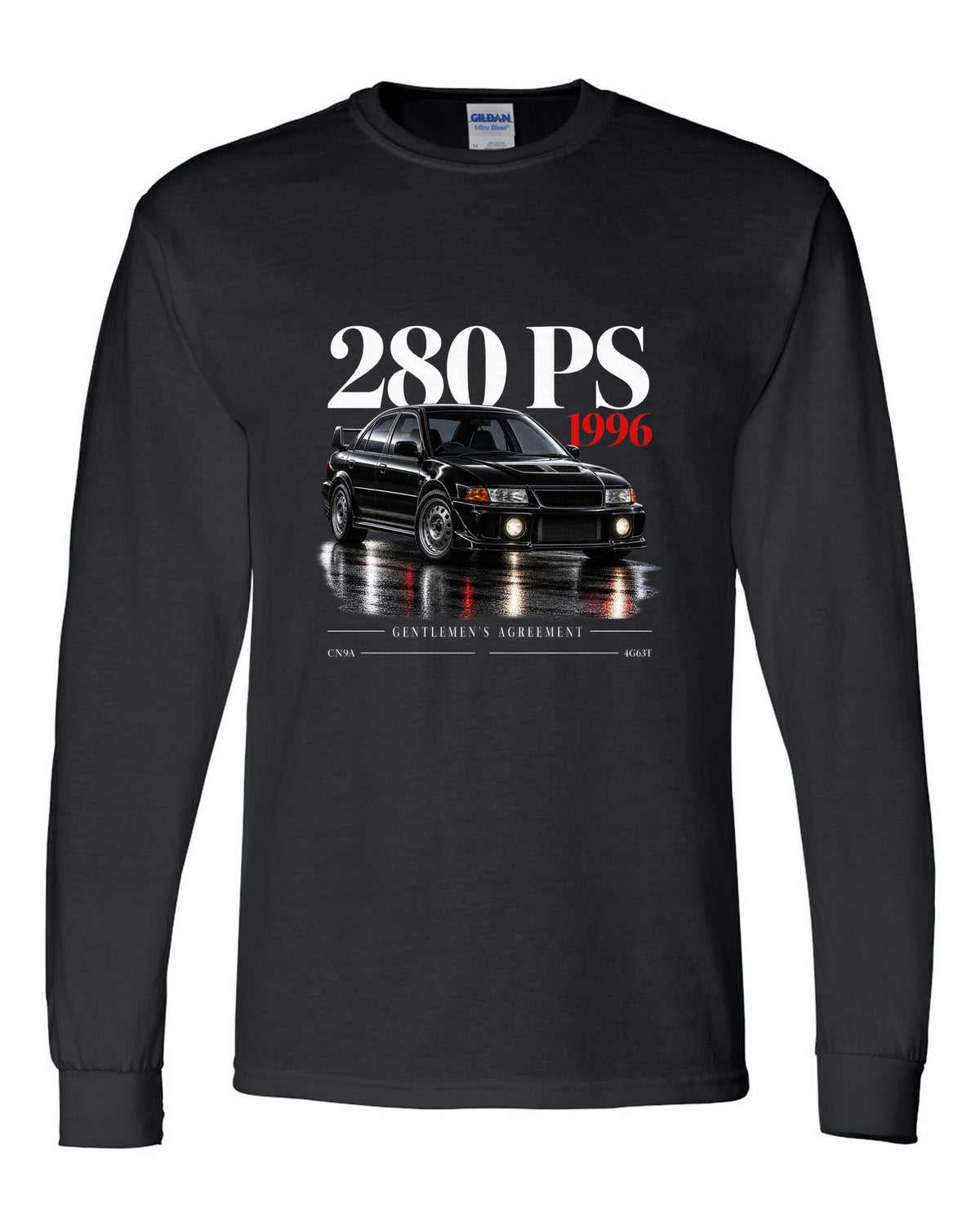 Editorial headline print for the Mitsubishi Lancer Evolution IV CN9A reading 280 PS, 1996, Gentlemen's Agreement, 4G63T black long sleeve front view with the design